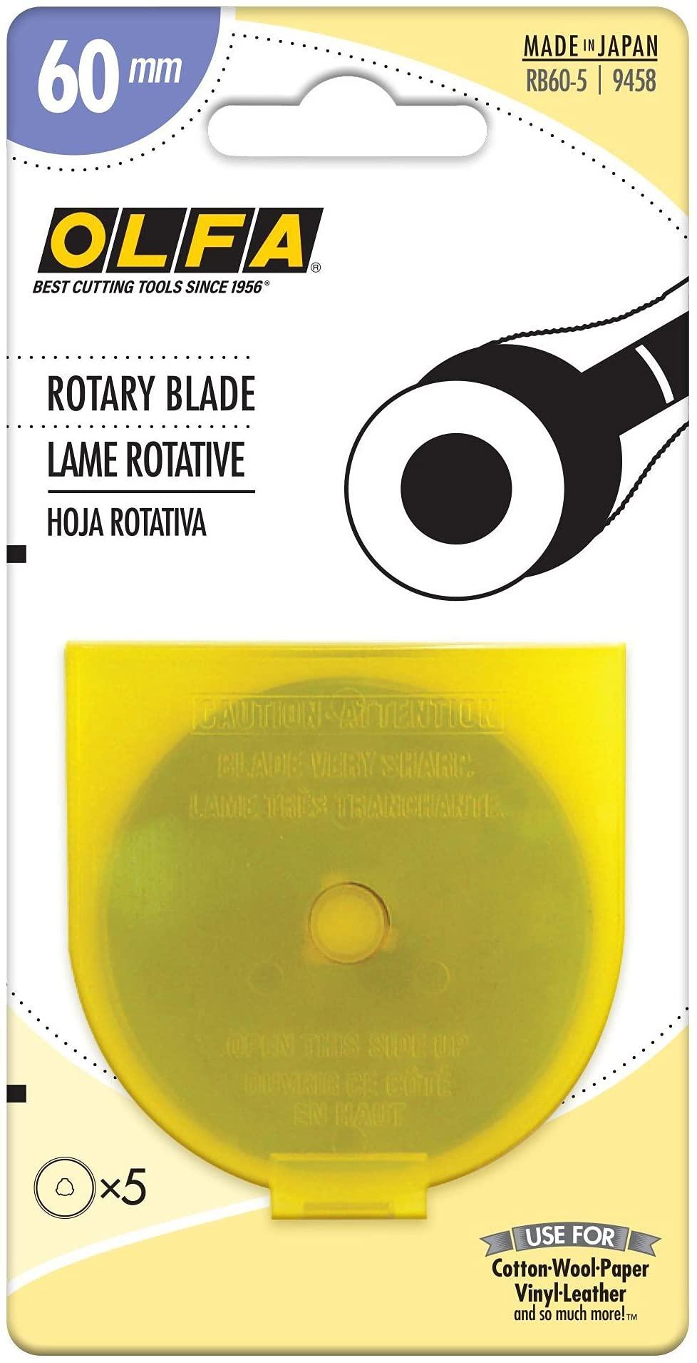 OLFA 60mm Rotary Cutter Replacement Blades, 5 Blades (RB60-5) - Tungsten Steel Circular Rotary Fabric Cutter Blade for Crafts, Sewing, Quilting, Fits Most 60mm Rotary Cutters