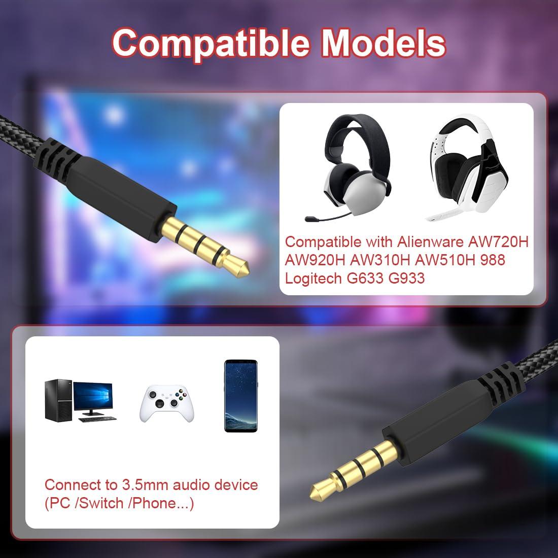 AW920H Detachable Gaming Headset Cable Compatible with Alienware AW720H AW310H AW510H 988 Alienware Dell Gaming Headset,Nylon Braided Wire with Inline Mute Switch and Volume Controller(5.5ft) - Image 3