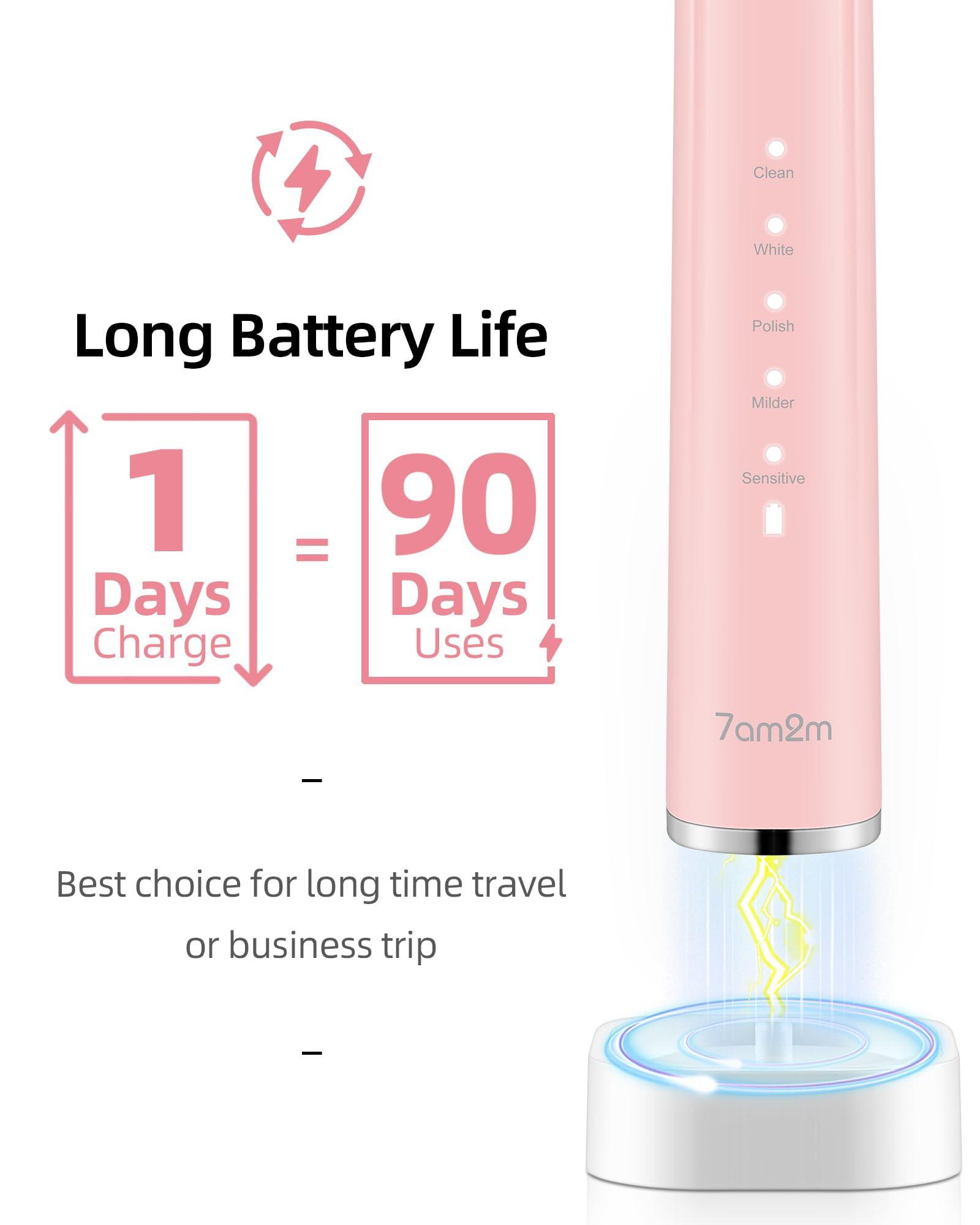 7AM2M Sonic Electric Toothbrush with 6 Brush Heads for Adults&Kids, One Charge for 120 Days, Wireless Fast Charge, 5 Modes, 40000VPM Powered Toothbrush, 2 Minutes Built in Smart Timer (Rose Pink) - Image 6
