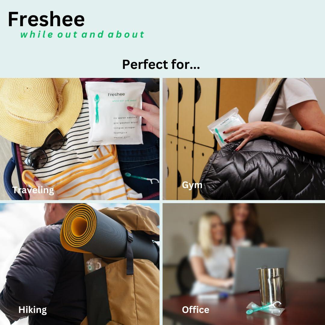 Freshee 5 in 1 Disposable Mini Toothbrush with Toothpaste + Floss + Pick + Tongue Scraper | Travel Size | Individually Wrapped | Soft | Mint | Travel Set | Oral Care - Image 8