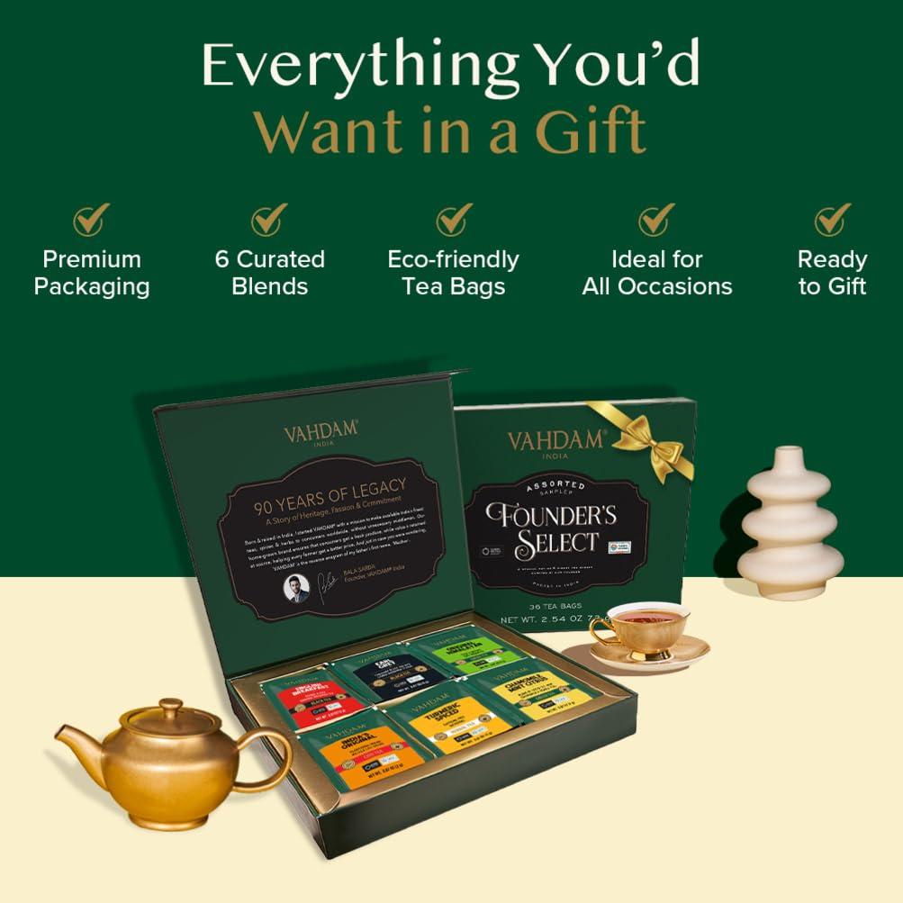 VAHDAM, Assorted Tea Gift Set (6 Varieties, 36 Tea Bags) - Variety Pack - Black, Green, Chai and Herbal Tea Sampler | Gifts Set for Lovers | Gifts for Women and Men - Image 5
