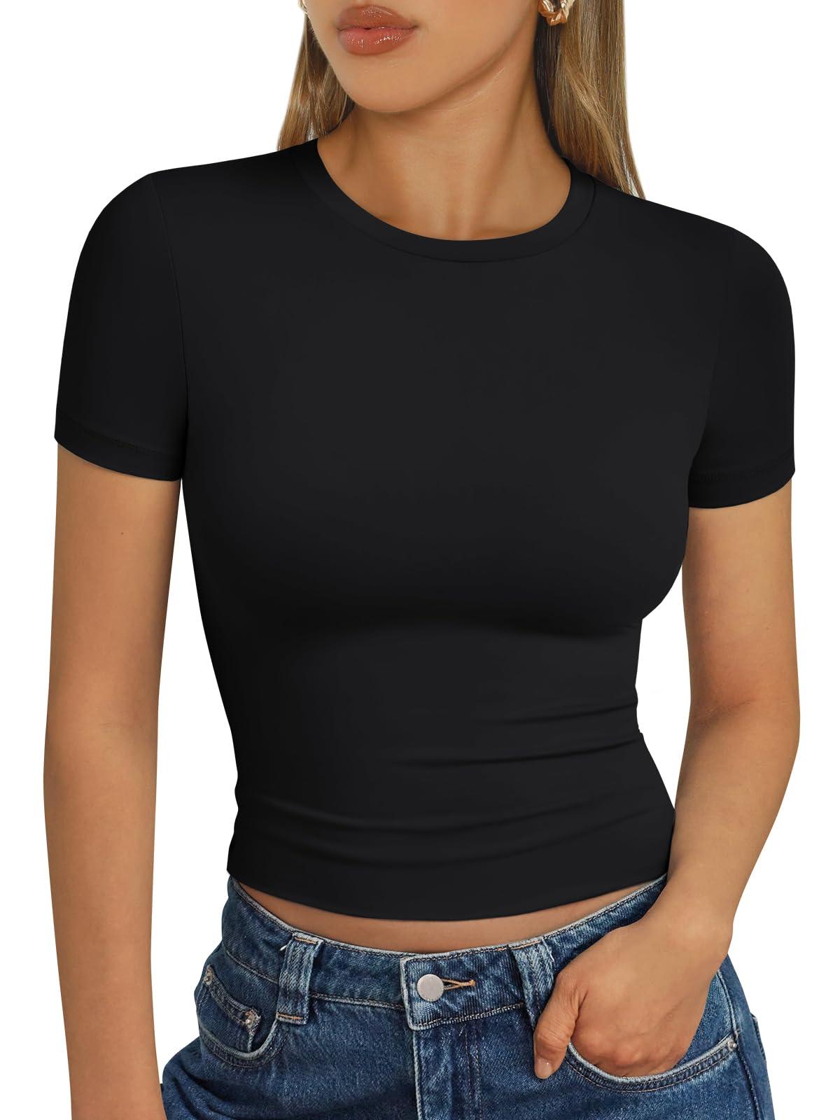 Trendy Queen Womens Basic T Shirts Summer Tops 2025 Short Sleeve Crop Tops Slim Fit Gym Workout Y2k Clothes