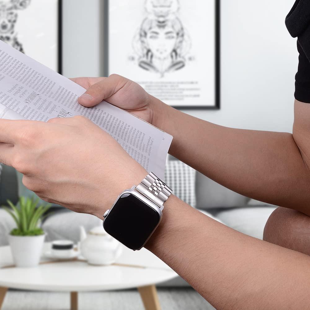 baozai Compatible with Apple Watch Band Ultra 2 Ultra 46mm 45mm 44mm, iWatch Series 10-1 SE Stainless Steel Strap with Butterfly Folding Clasp for Men, Silver - Image 7