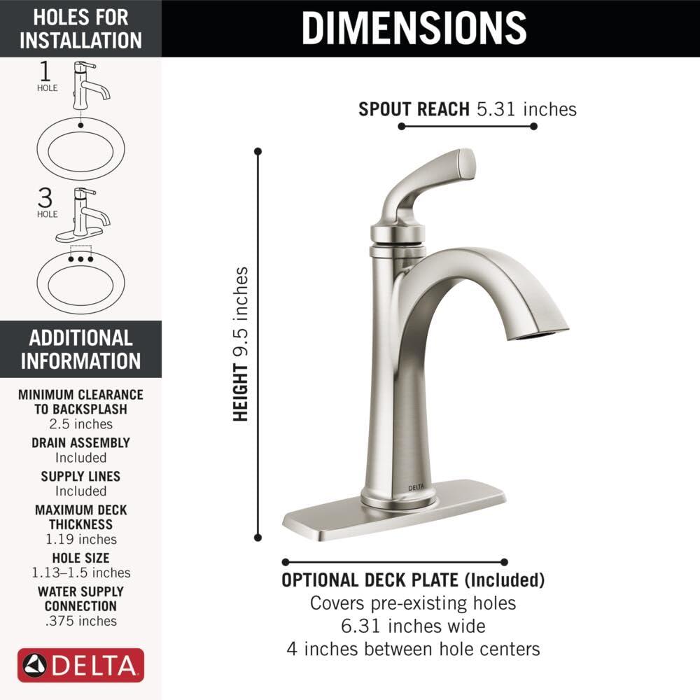 Delta Geist Brushed Nickel Bathroom Faucet 1 Hole, Single Hole Bathroom Sink Faucet for Vanity, Push-Pop Drain Assembly, SpotShield Brushed Nickel 15864LF-SP - Image 3