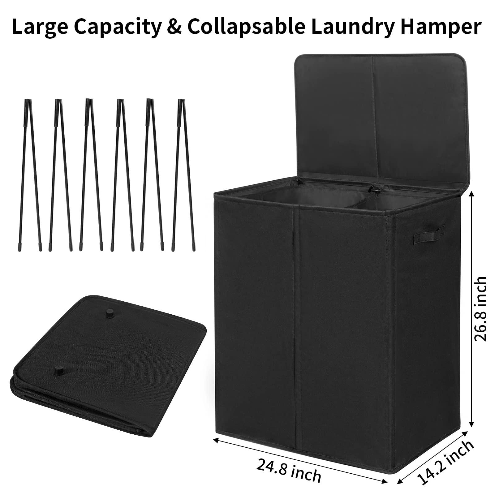 WOWLIVE 154L Double Laundry Hamper with Lid and Removable Laundry Bags, Large Dirty Clothes Hamper 2 section Collapsible Laundry Basket Dorm Room Storage for Bedroom, Bathroom, College, Black - Image 3