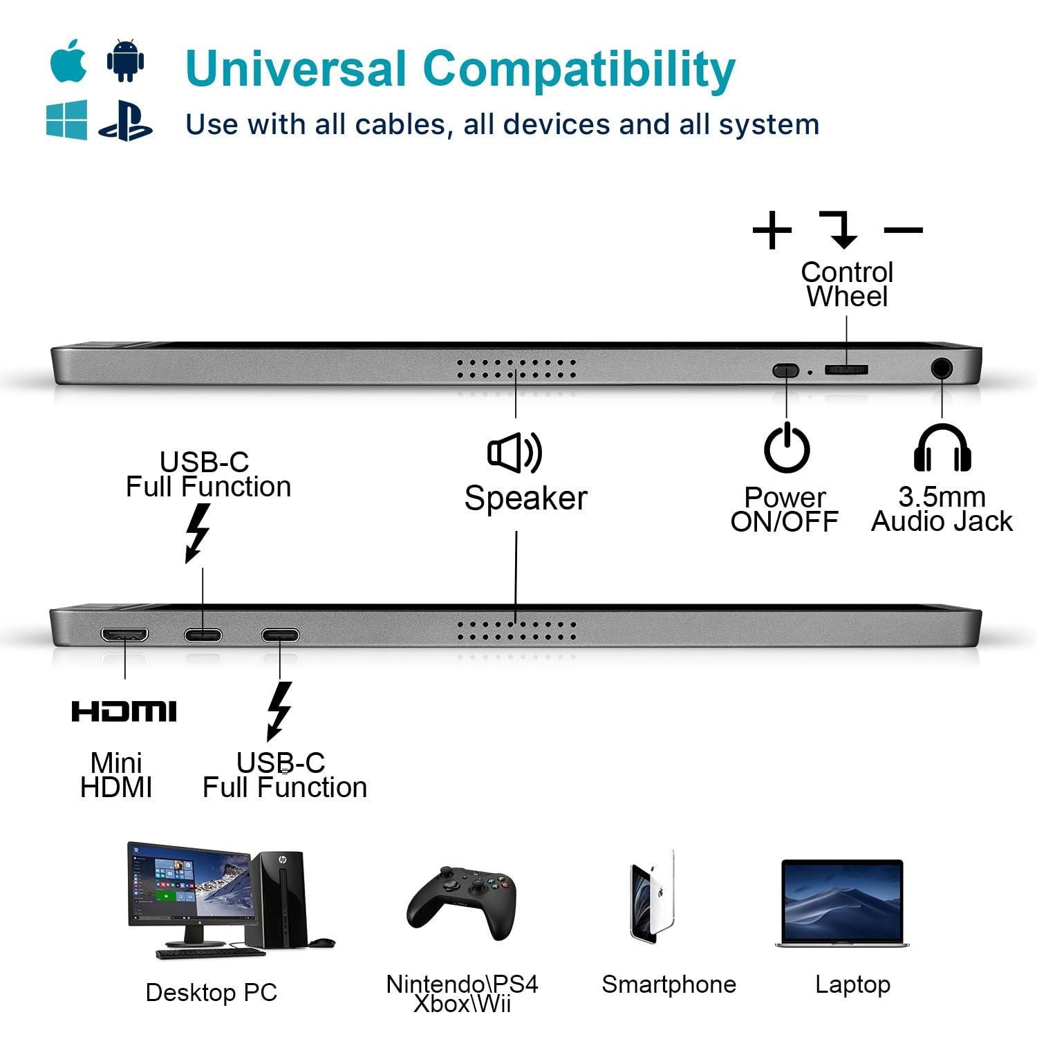 KYY 15.6inch Portable Monitor 1080P FHD IPS Gaming Monitor, Computer Display, for Laptop PC MAC Phone PS4 Xbox Switch, 1080P, FHD, USB-C, HDMI, Premium Smart Cover, Screen Protector, Speakers, HDR - Image 5