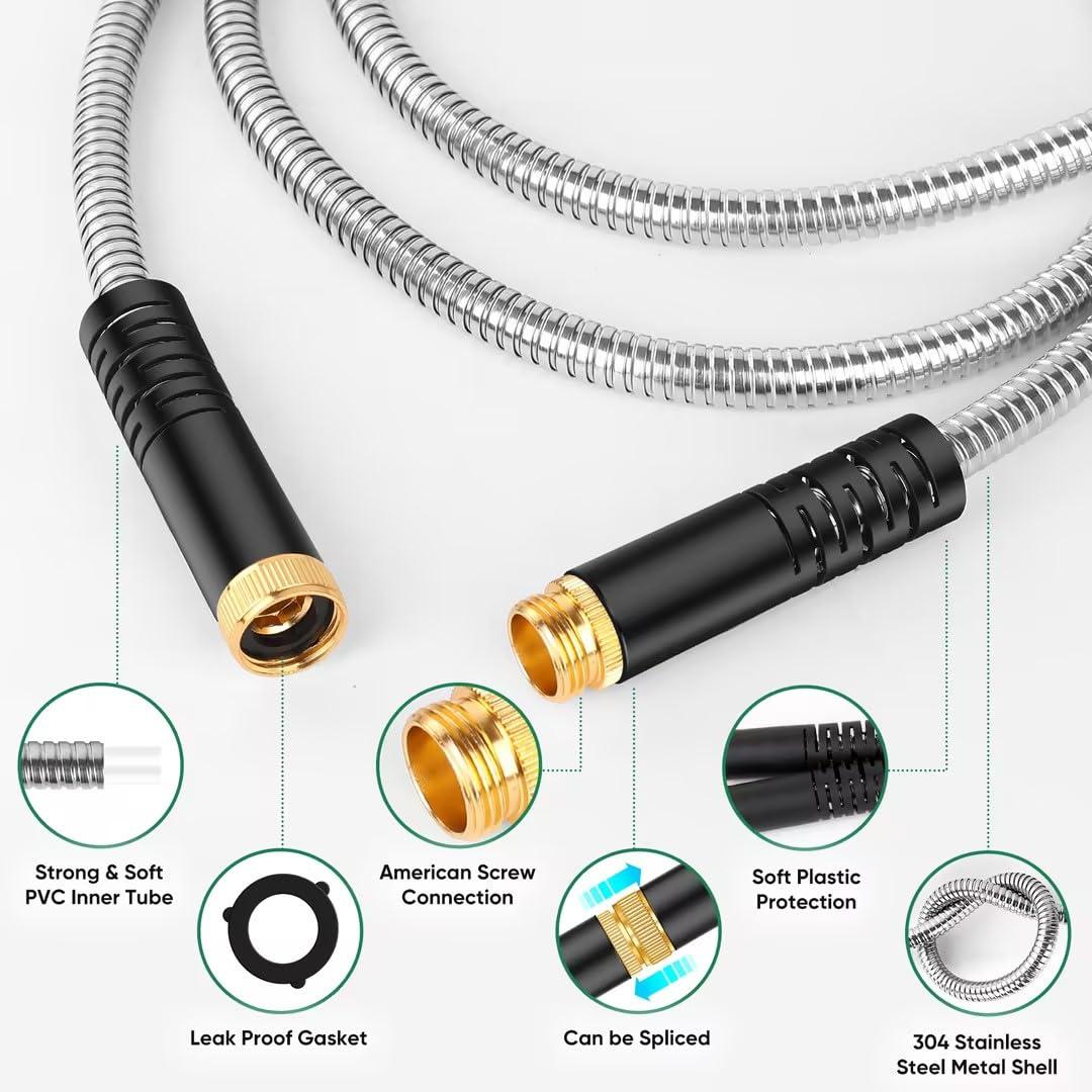 Garden Hose 50ft, Heavy Duty Stainless Steel Water Hose with 10 Functional Nozzles, No Kink, Lightweight and Flexible, Easy to Use and Store, Strong and Sturdy, Suitable for Yard and Lawn - Image 6