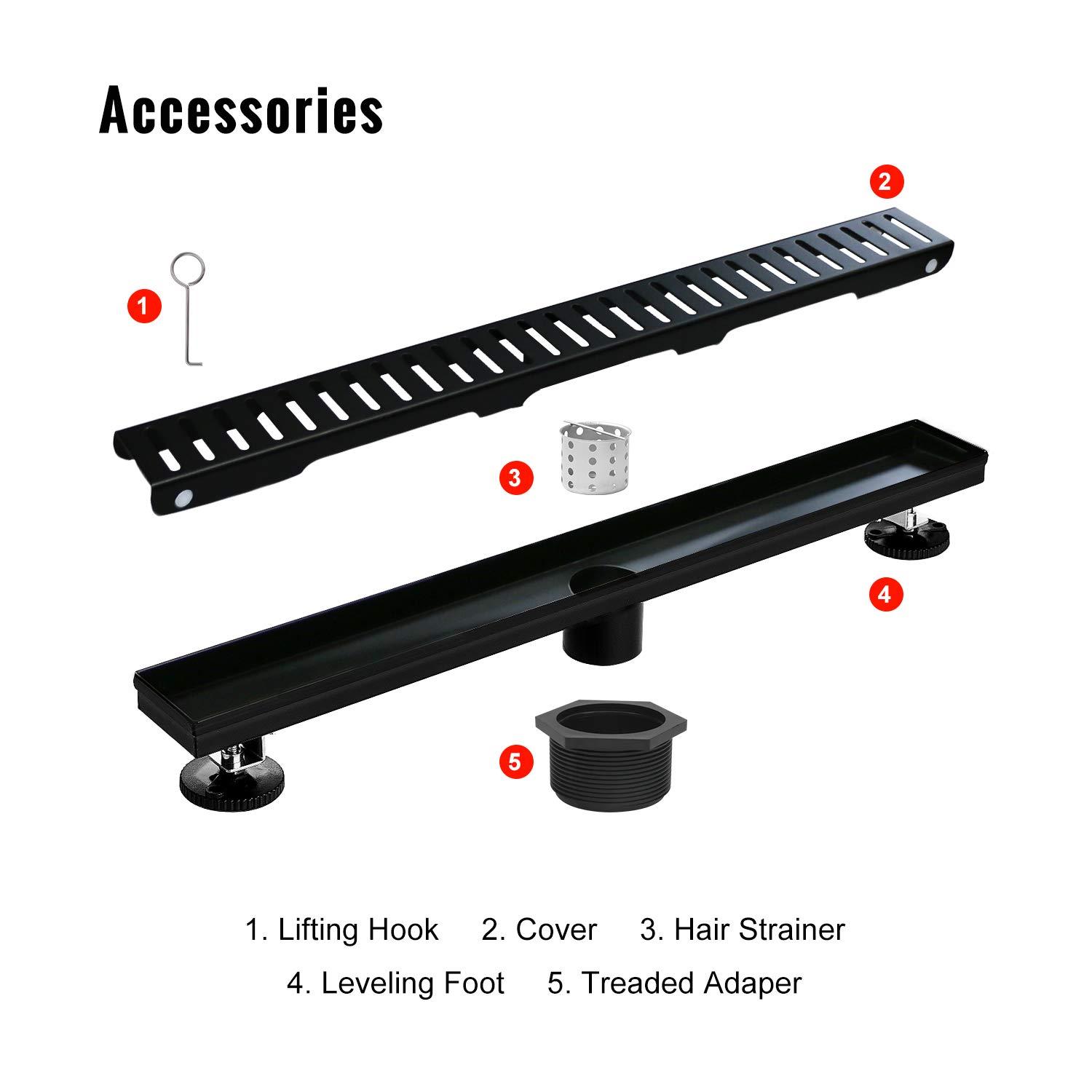 SaniteModar Linear Shower Drain, 32 inch Black Shower Drain with Removable Capsule Pattern Grate,304 Stainless Steel Shower Drain Include Hair Strainer,Adjustable Leveling Feet - Image 5