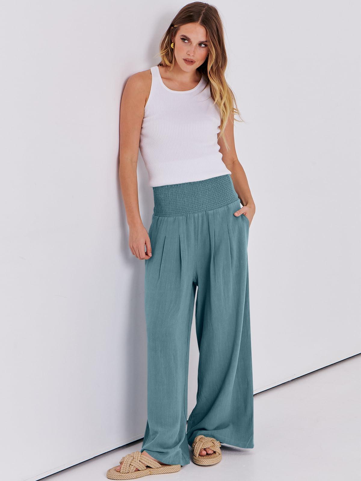 ANRABESS Women Linen Palazzo Pants Summer Boho Wide Leg High Waist Casual Lounge Pant 2025 Beach Travel Vacation Outfits - Image 6