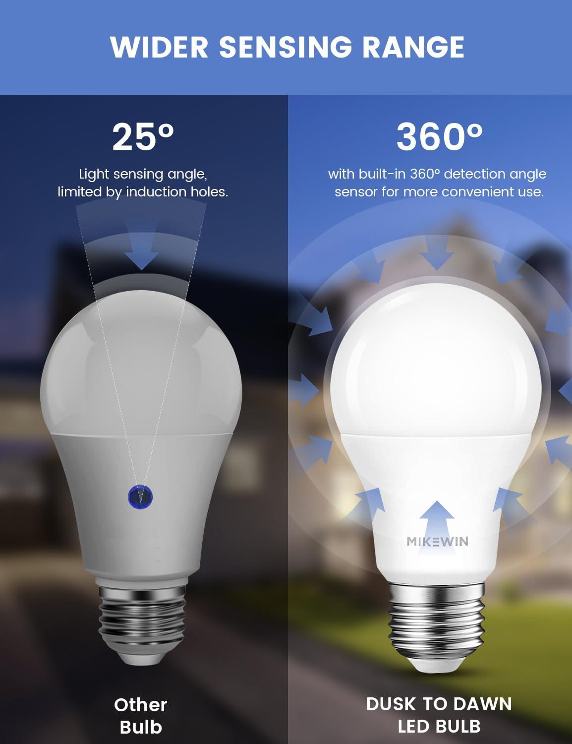 MikeWin Dusk to Dawn Light Bulbs Outdoor, 3000K Warm White, 12W(100W Equivalent) Auto ON/Off Light Sensor LED Lighting Bulb for Wall Lantern, Porch, Boundary, Garage, Patio, Front Door, 4 Pack - Image 6