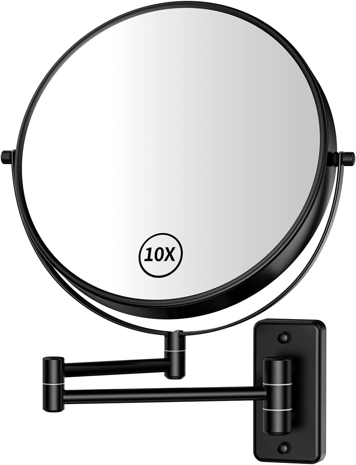 AumVum 8” Makeup Mirror Wall Mounted, 1X/10X Double-Sided Wall Mount Magnifying Bathroom Mirror with Extendable Arm, 360° Swivel Vanity Shaving Mirror for Bathroom and Makeup, Black (No Light