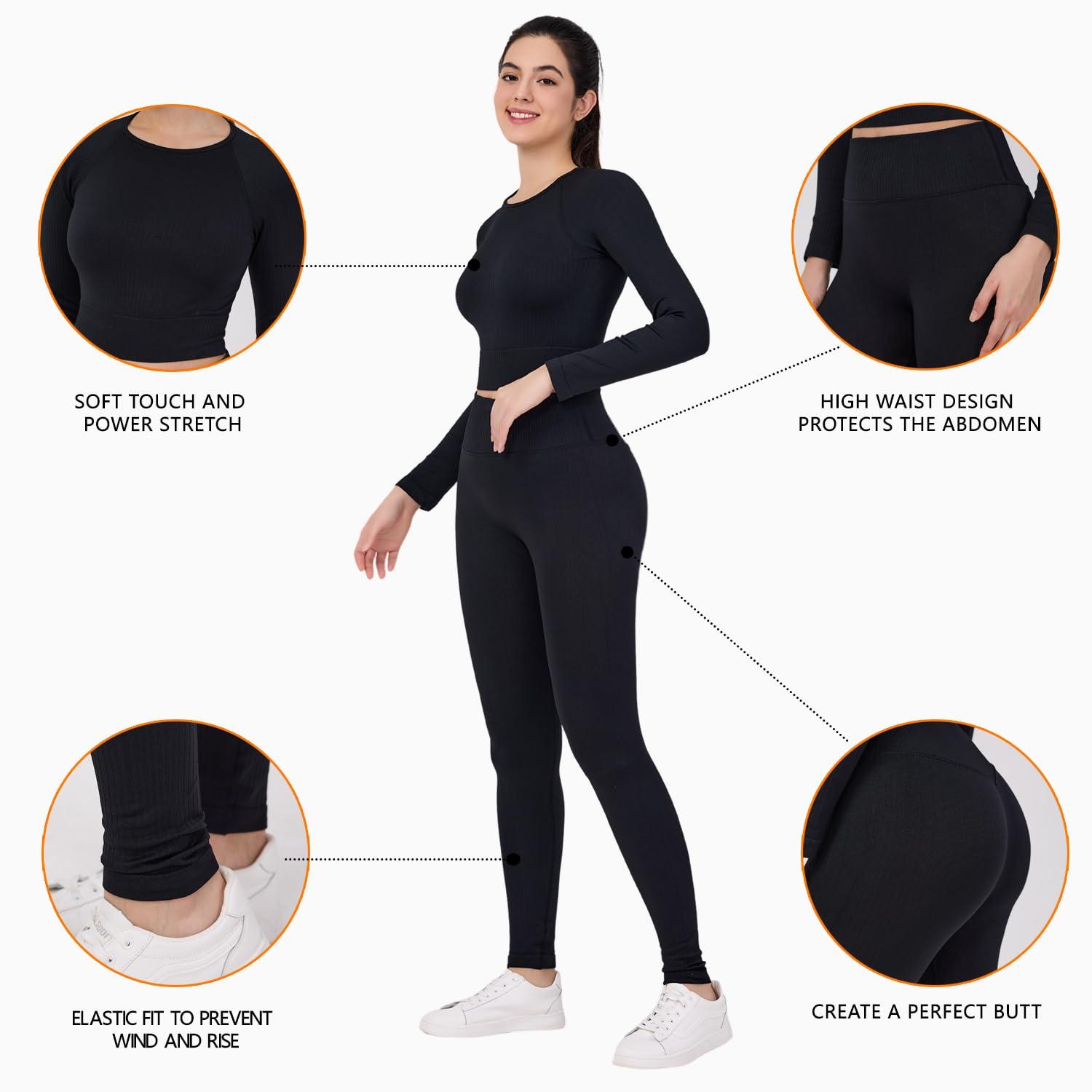 LILISEN Women's Long Sleeve Workout Set - Leggings Sets Women 2 Piece Outfits - Workout Set Long Sleeve - Image 2