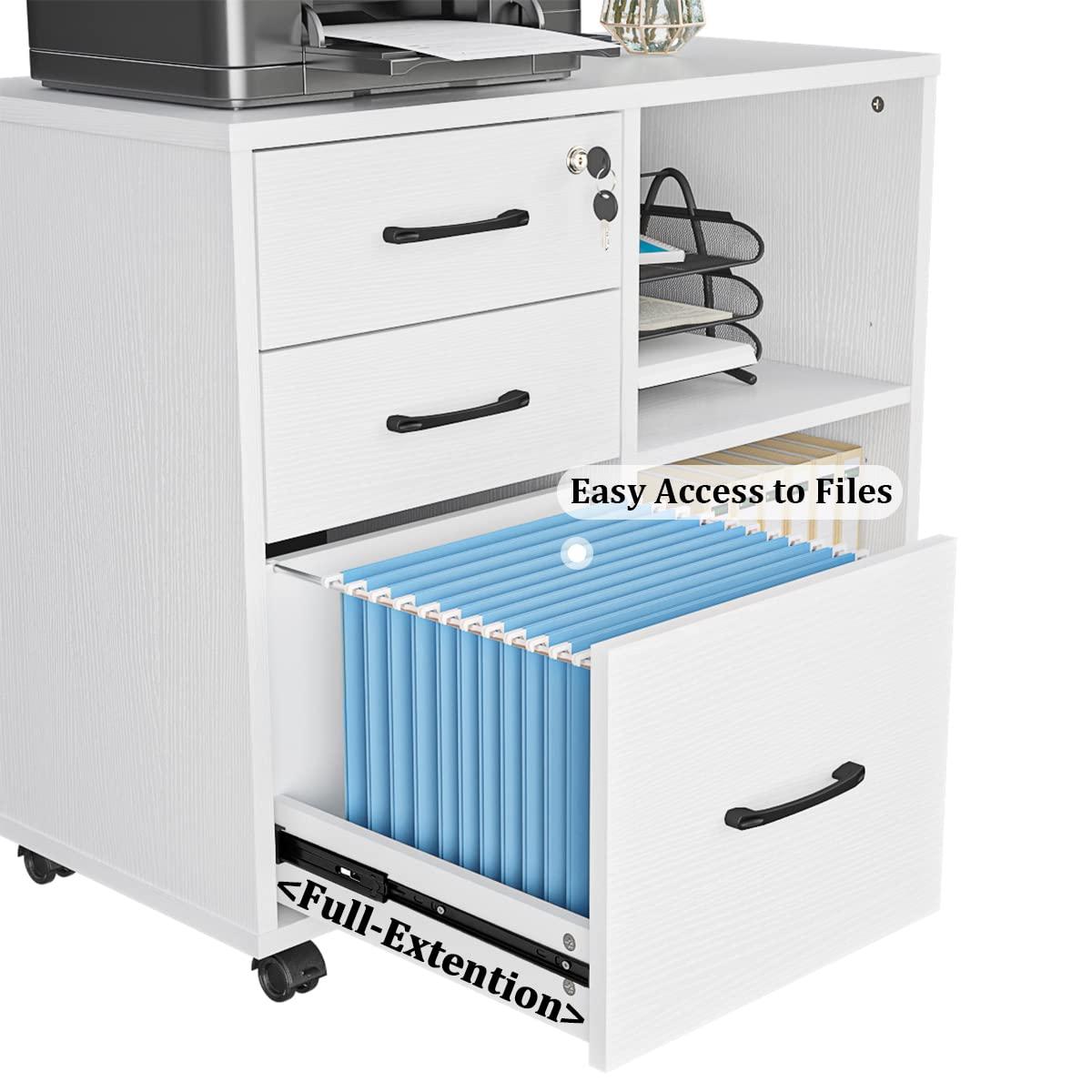 3 Drawer File Cabinets, Mobile Lateral Printer Stand with Open Shelf, Rolling Filing Cabinet with Wheels Home Office Organization and Storage (White) - Image 5