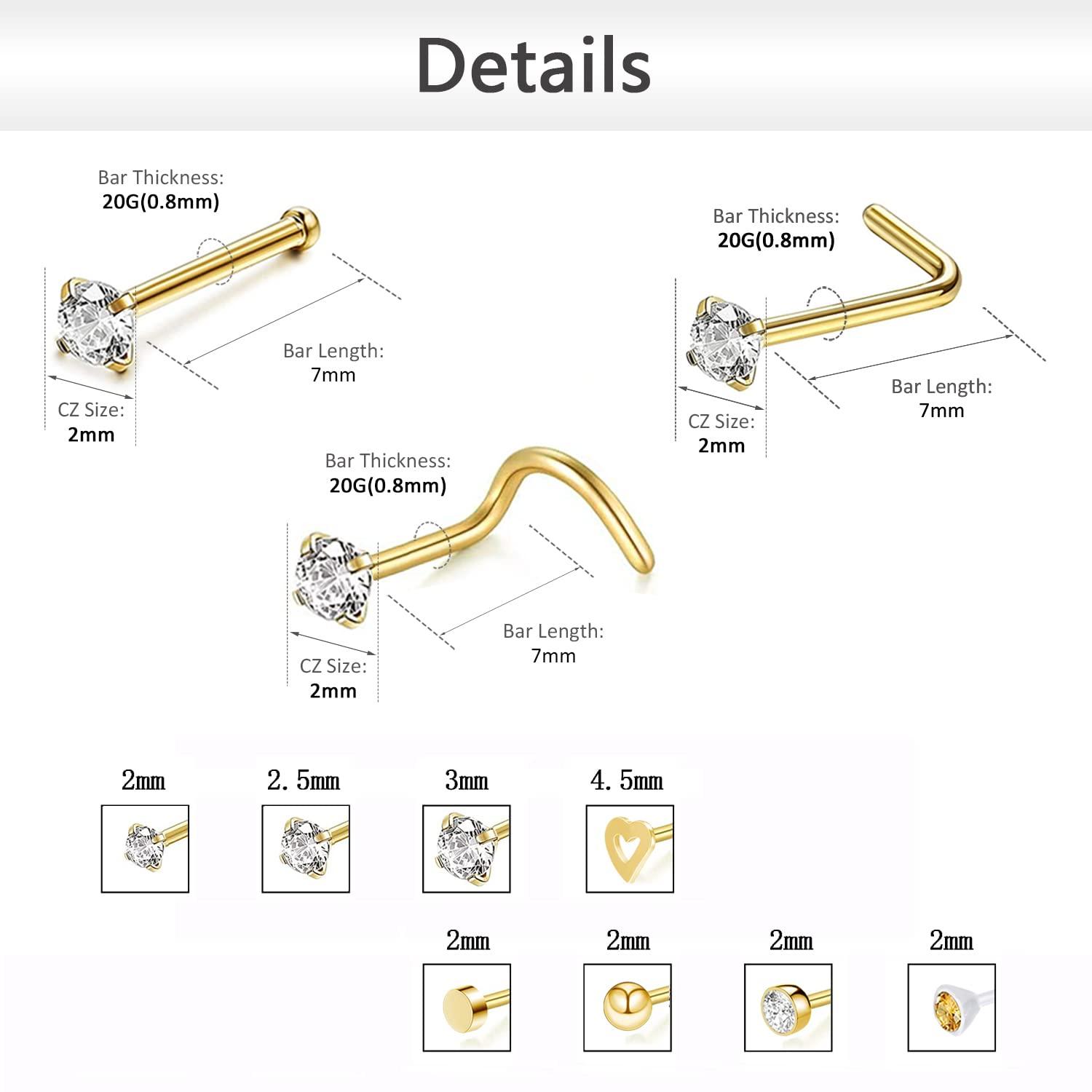 ZS 12Pcs 20G Nose Studs Rings - Surgical Steel L Shape Nose Bone Nose Screw CZ Nostril Piercing Jewelry for Women - Image 2