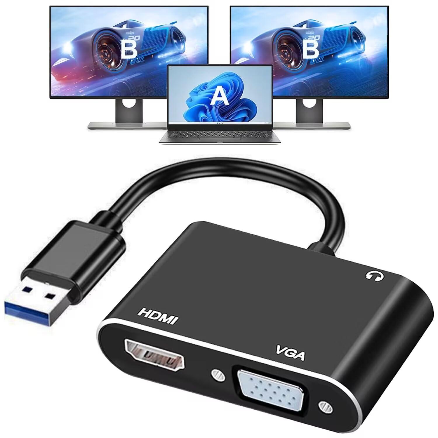 AKWOR USB 3.0 to HDMI VGA Adapter, USB to HDMI USB to VGA Adapter for 2 Monitors, 1920 * 1080P@60HZ Full HD Display Video Converter Comaptible with Windows 7/8/10/11 and Mac OS Systems