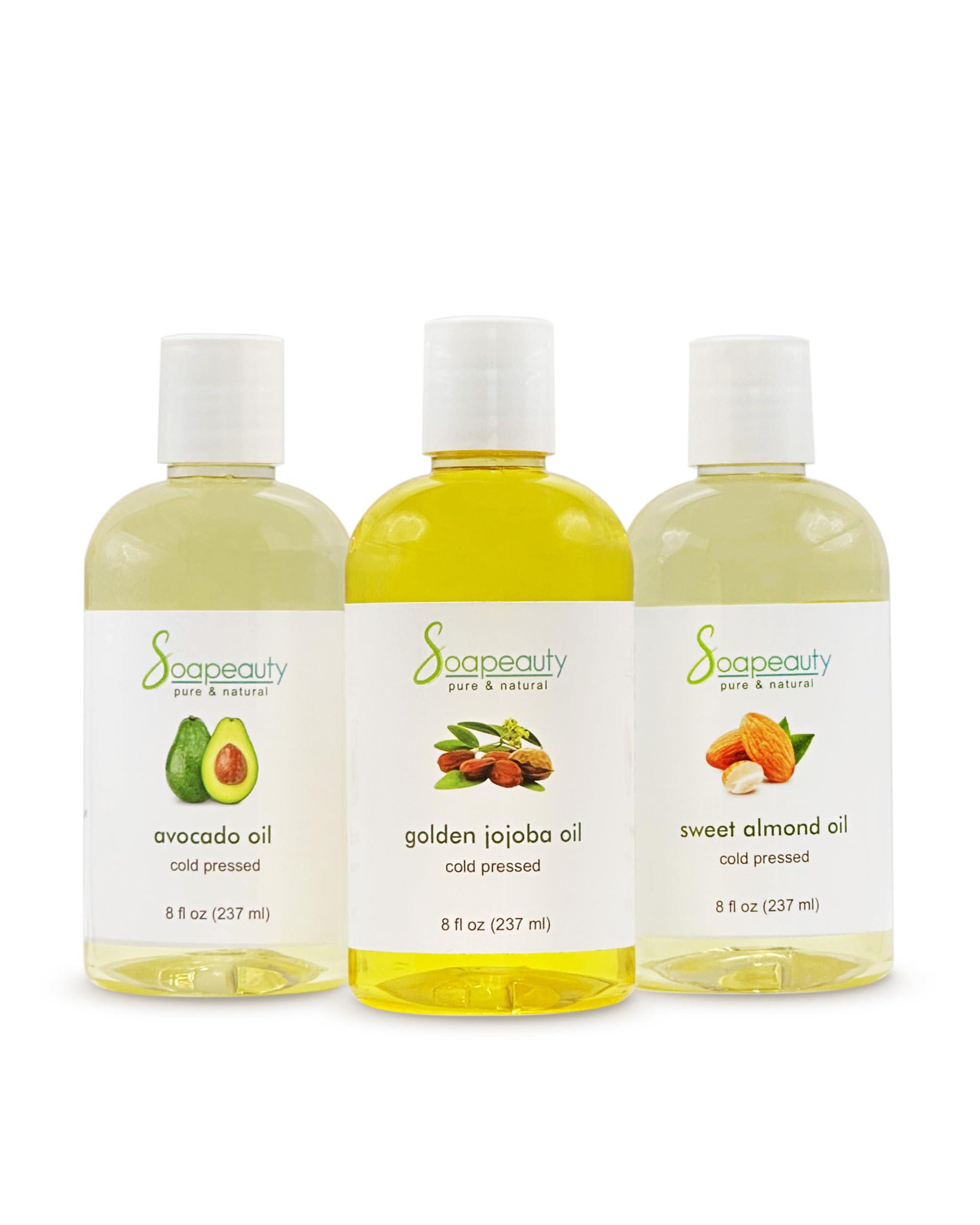Sweet Almond Oil | Golden Jojoba Oil | Avocado Oil | Pack of 3 | Cold Pressed | Carrier for Essential Oils, Moisturizer for Skin, Face & Hair, Soap Making | 8 fl oz Each