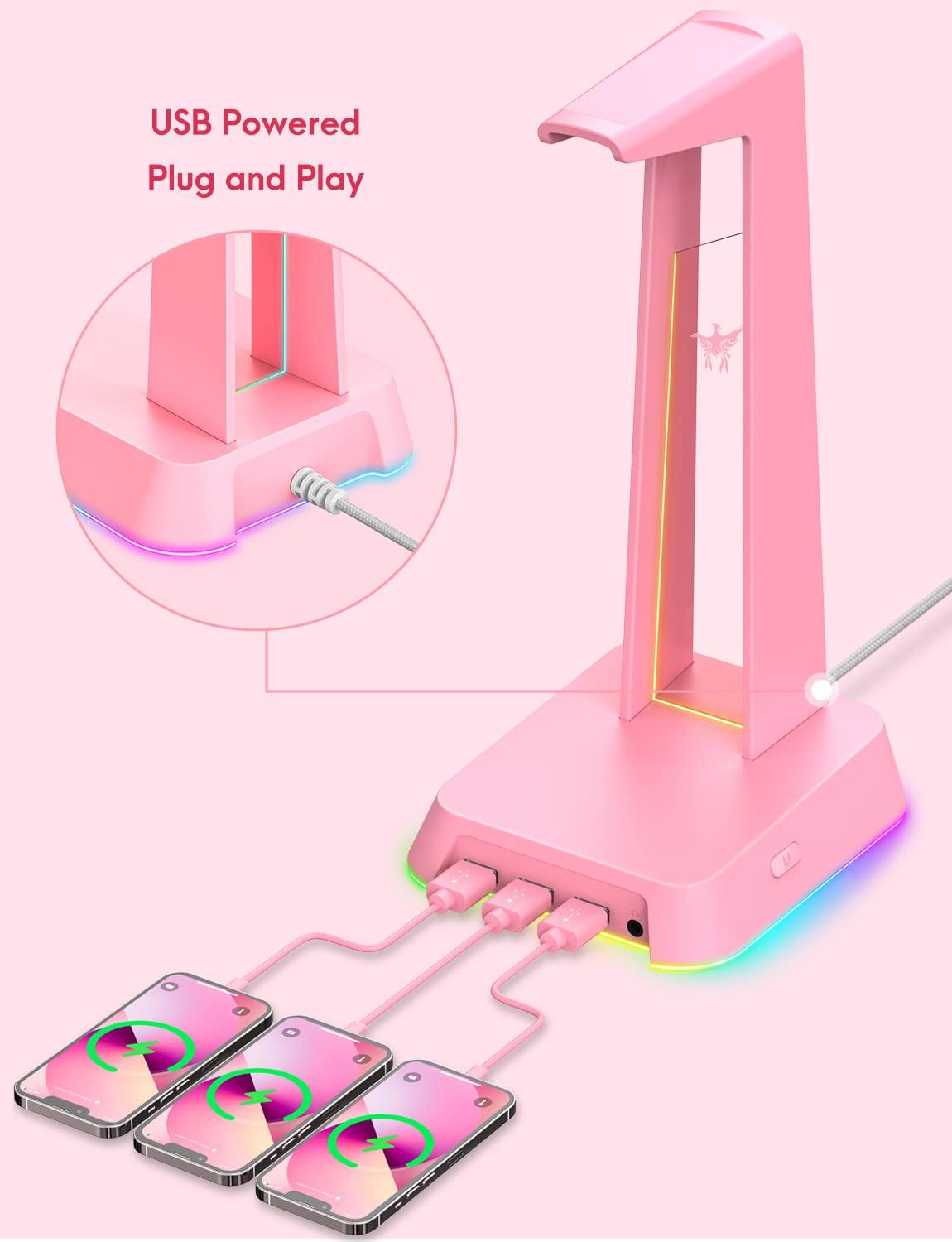 PHNIXGAM RGB Headphone Stand with 3.5mm AUX and 3 Port USB 2.0 Hub, Universal Gaming Headset Hanger Holder for Computer Gaming Gamer Accessories (Pink) - Image 4