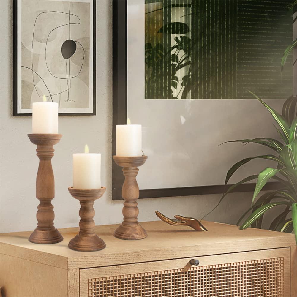 Farmhouse Wooden Candle Holders for Pillar Candles Set of 3, Rustic Wood Candle Holder Table Centerpiece Decor, 12'' 9'' 6'' Vintage Tall Candle Stand Decorative, Brown - Image 2