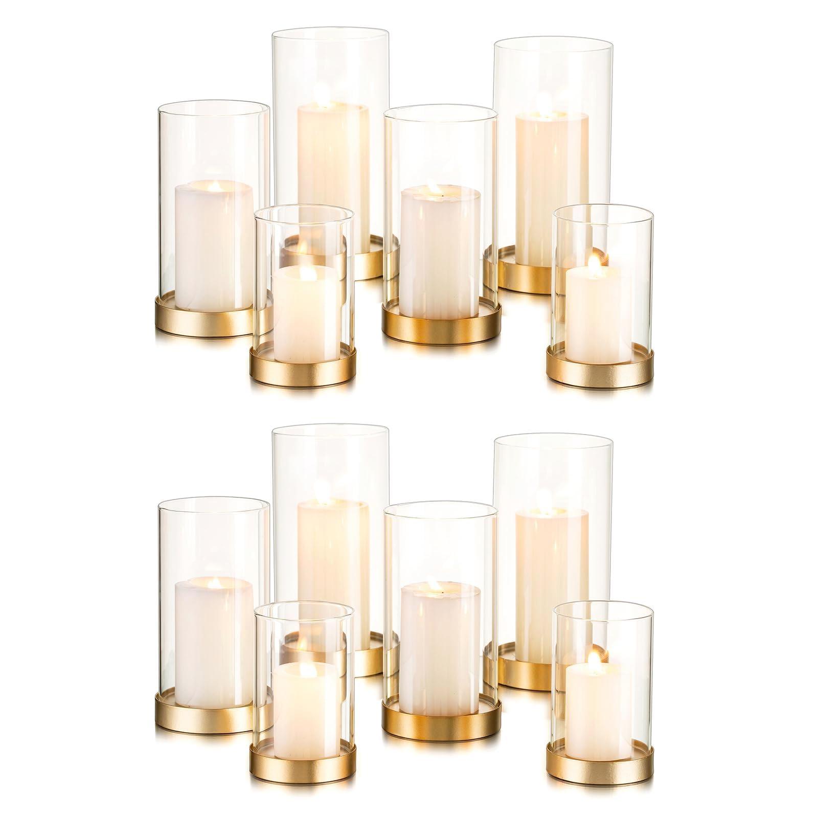 Hewory Hurricane Candle Holder for Pillar Candles: Gold Votive Candle Holders Set of 12, Glass Hurricane with Metal Candle Plate, Pillar Candle Holder for Table Centerpiece Wedding Holiday Home Decor