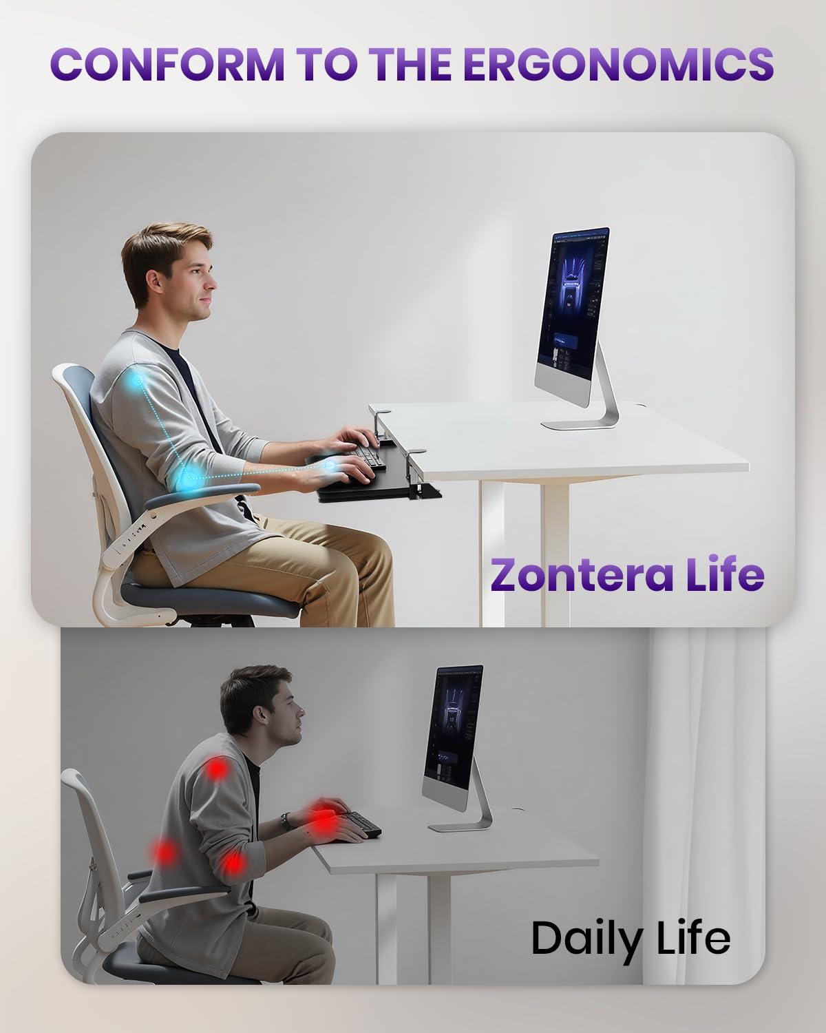 Zontera Ergonomic Keyboard Tray Under Desk, Pull Out with Adjustable C-clamp, 25.6 x 11.8 Inch Slide Out Computer Keyboard Drawer Mouse Tray for Typing, Large & Black - Image 3