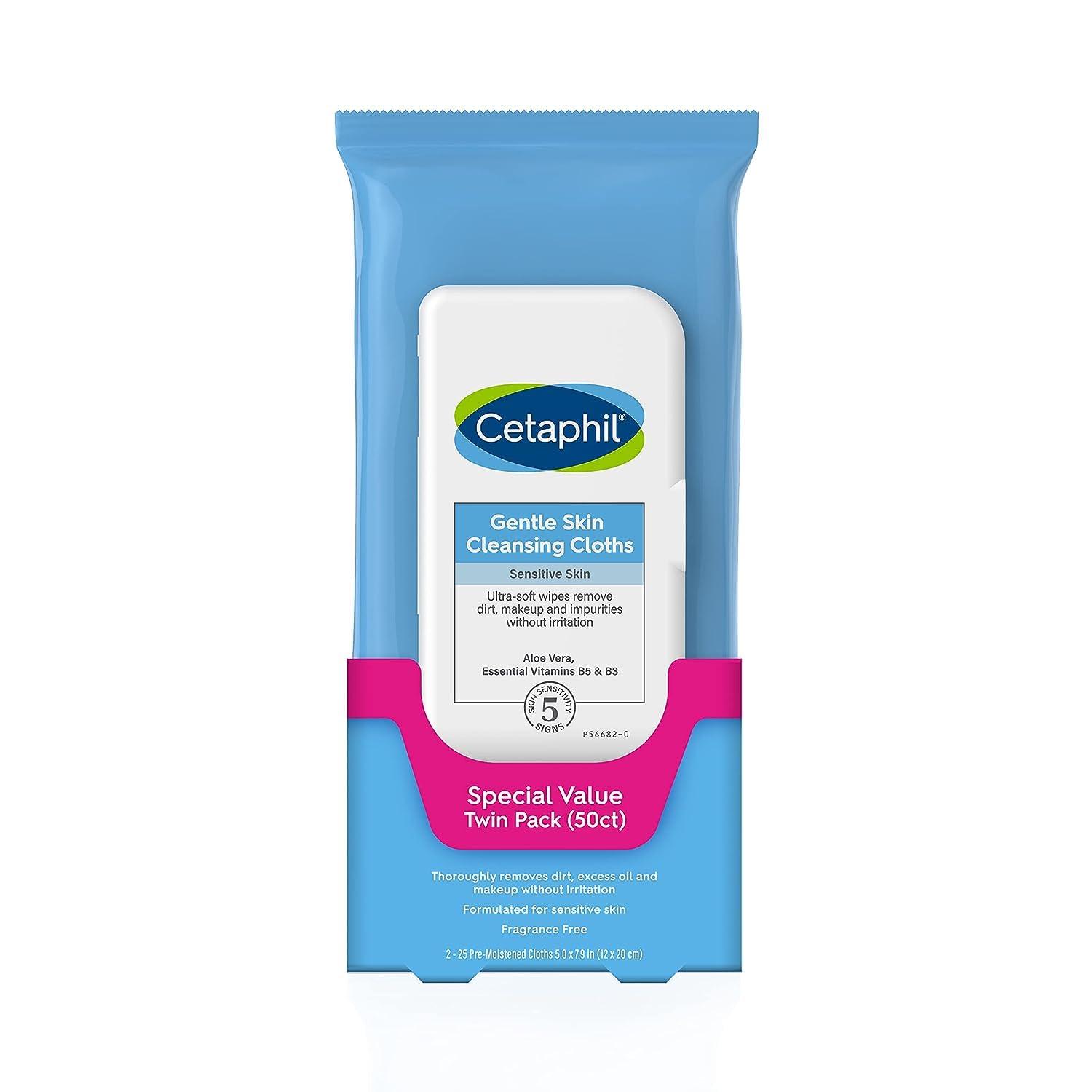Cetaphil Face and Body Wipes, Gentle Skin Cleansing Cloths, 50 Count, Twin Pack, for Dry, Sensitive Skin, Flip Top Closure, Great for the Gym, Travel, in the Car, Hypoallergenic, Fragrance Free - Image 1
