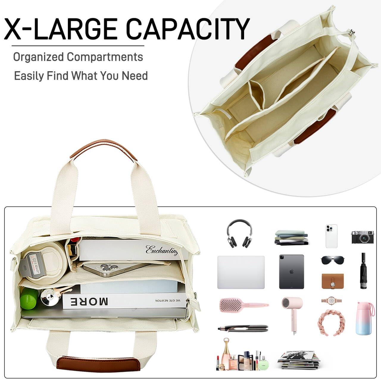 KKXIU Large Canvas Tote Bag for Women with Zipper and Compartments Crossbody Work Bible Messenger Purse Bag With Pockets - Image 5