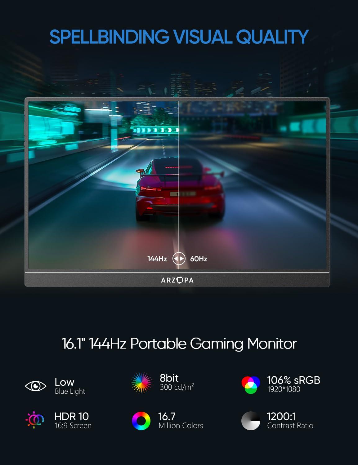 ARZOPA 16.1'' 144Hz Portable Gaming Monitor, 106% sRGB 1080P FHD Kickstand Portable Monitor with HDR, Ultra Slim, Eye Care, External Second Screen for Laptop, PC, PS5, Mac, Xbox-Z1FC - Image 3