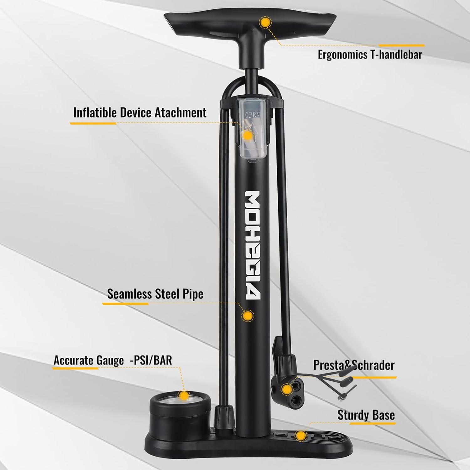 MOHEGIA Bike Floor Pump with Gauge,Air Bicycle Pump Inflator with High Pressure 160 PSI,Fits Schrader and Presta Valve - Image 6