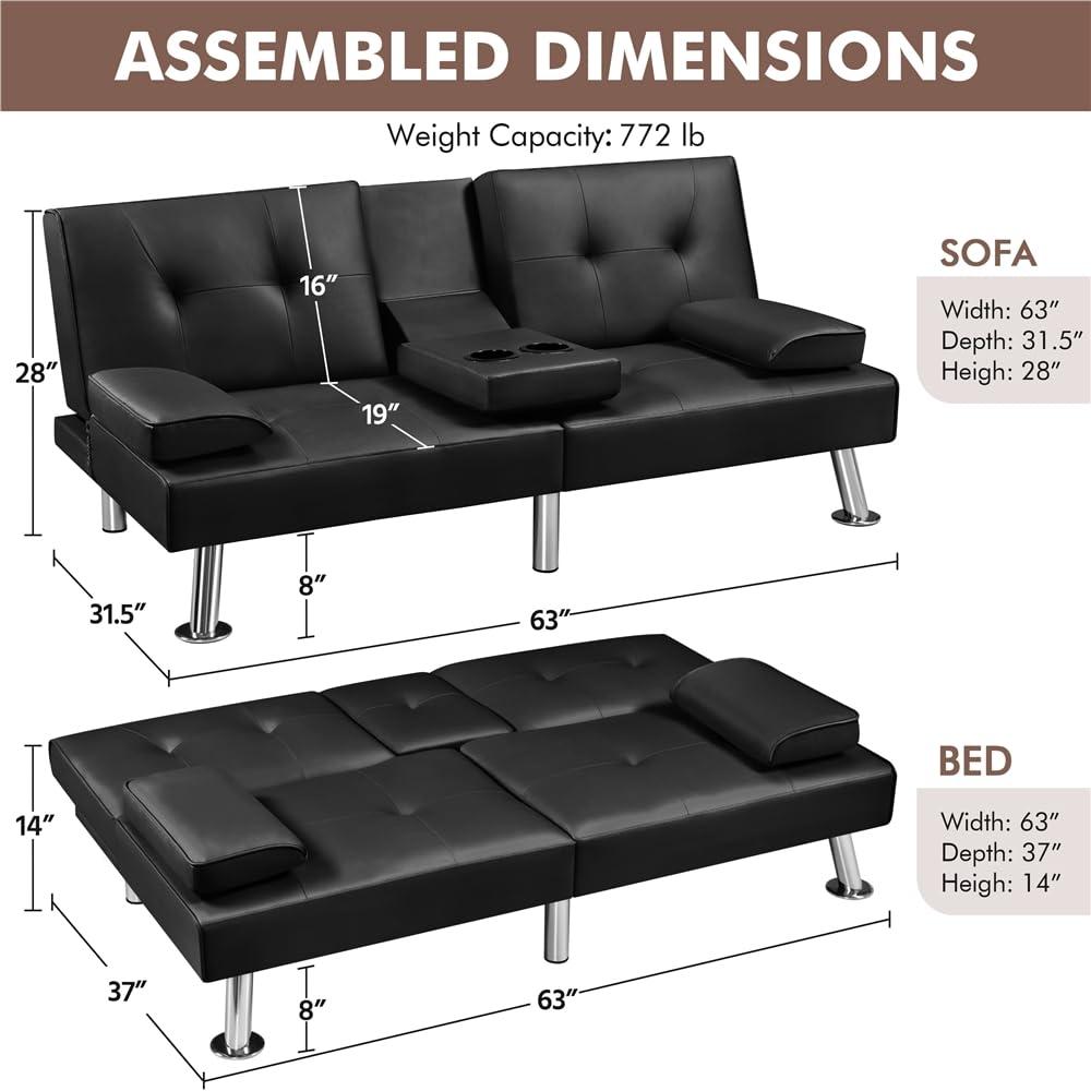 Yaheetech Convertible Sofa Bed Adjustable Couch Sleeper Modern Faux Leather Recliner Reversible Loveseat Folding Daybed Guest Bed, Removable Armrests, Cup Holders, 3 Angles, 772lb Capacity, Black - Image 3