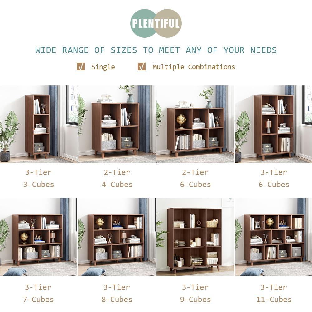 IOTXY Open Cube Low Bookcase - 3-Tier Freestanding Storage Display Cabinet Organizer with Legs for Home Office, 11-Cubes Open Shelf Short Bookshelf, Walnut - Image 4