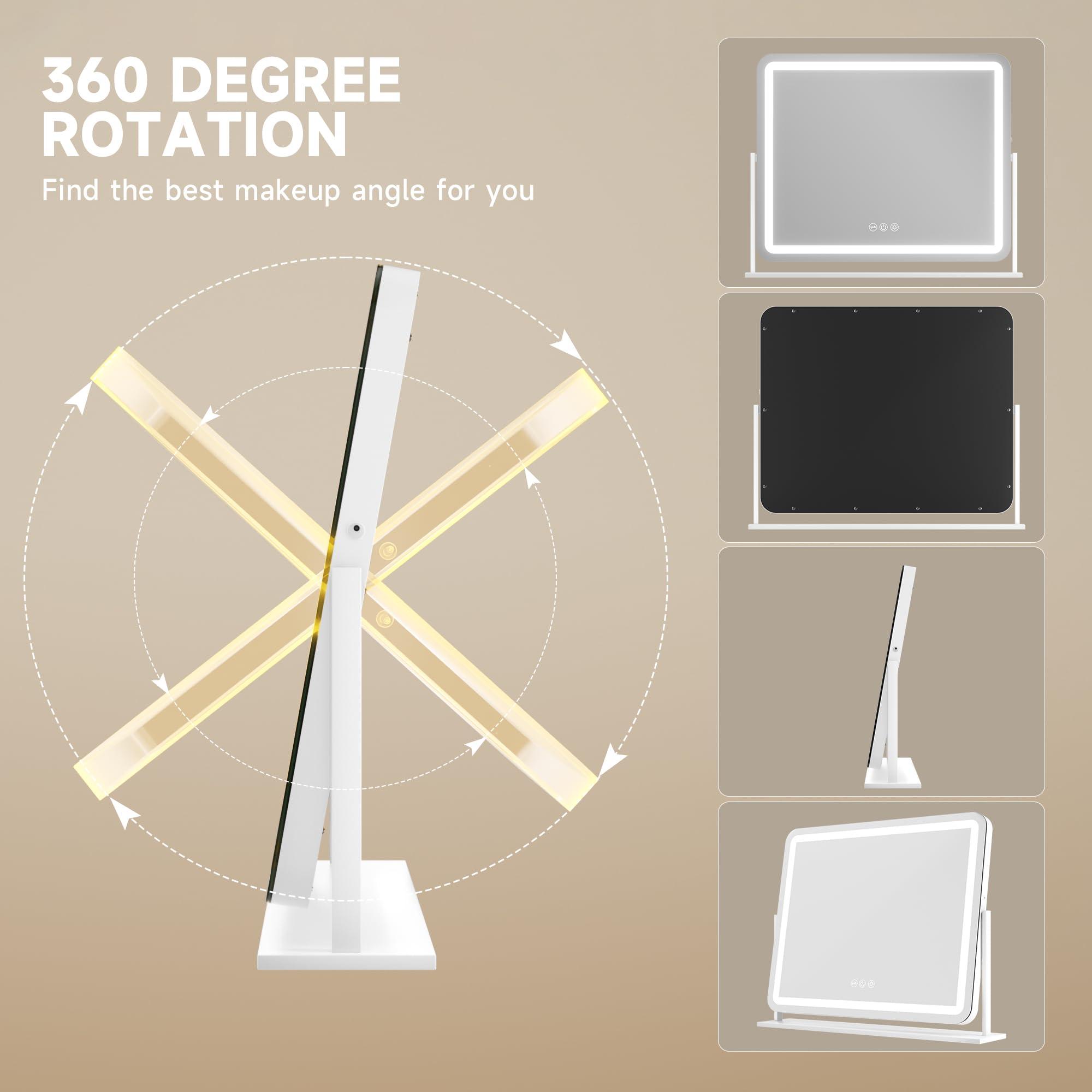 Hasipu Vanity Mirror with Lights, 22" x 18" LED Makeup Mirror, Light up Mirror with Smart Touch 3 Colors Dimmable, Brightness Adjustment, 360° Rotation (White) - Image 5