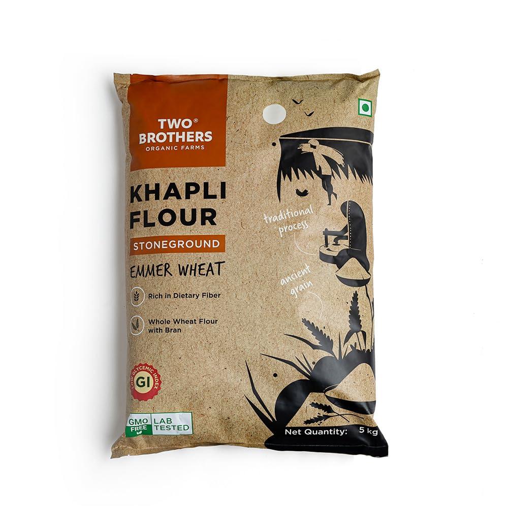 Two Brothers Organic Farms - Khapli Wheat Flour (5kg) | Low-Gluten Wheat Flour | High Dietary Fiber for Easy Digestion | Stoneground Emmer | Khapli Atta | Organic Atta (Pack of 1 kg x 5)