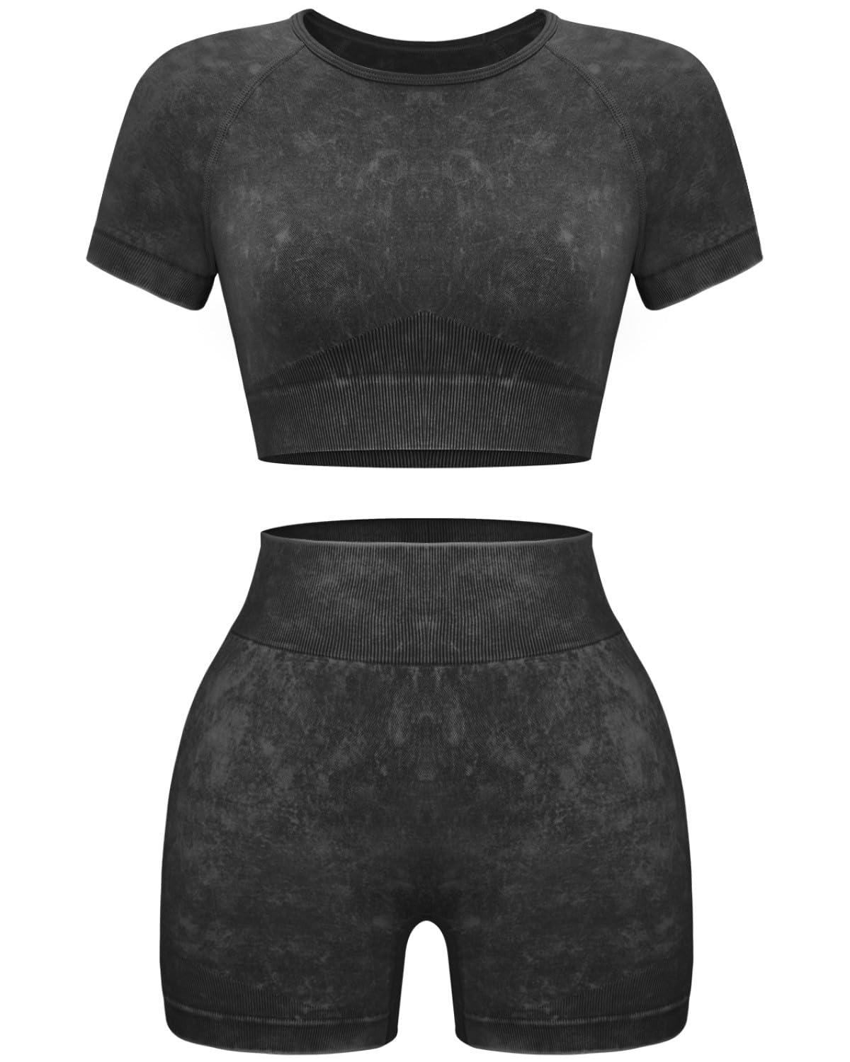 OLCHEE Womens Workout Sets 2 Piece - Seamless Acid Wash Yoga Outfits Shorts and Crop Top Matching Gym Athletic Clothing Set