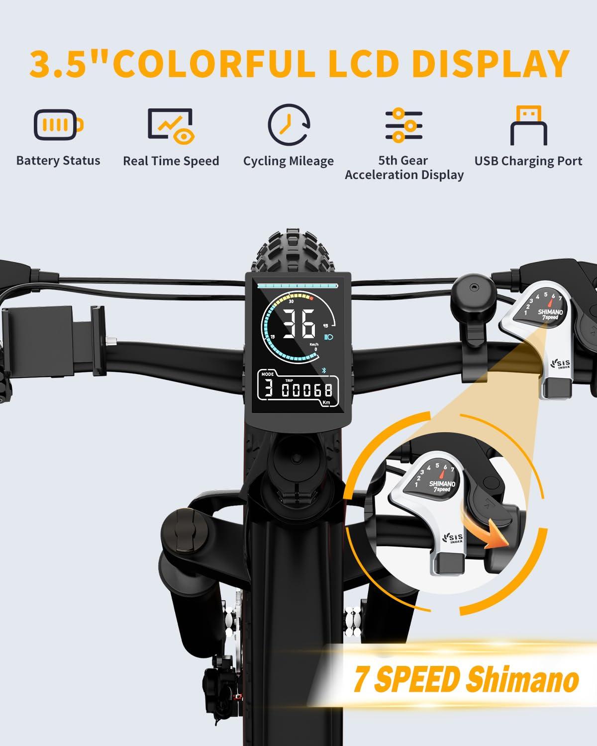 Luckeep Electric Bike for Adult 1500W Peak, 48V 720WH Removable Battery, 72 Miles 28 MPH, 26" Electric Mountain Bike with Hydraulic Suspension, 7-Speed,UL Certified Commute Fat Tire Mountain Ebikes - Image 8