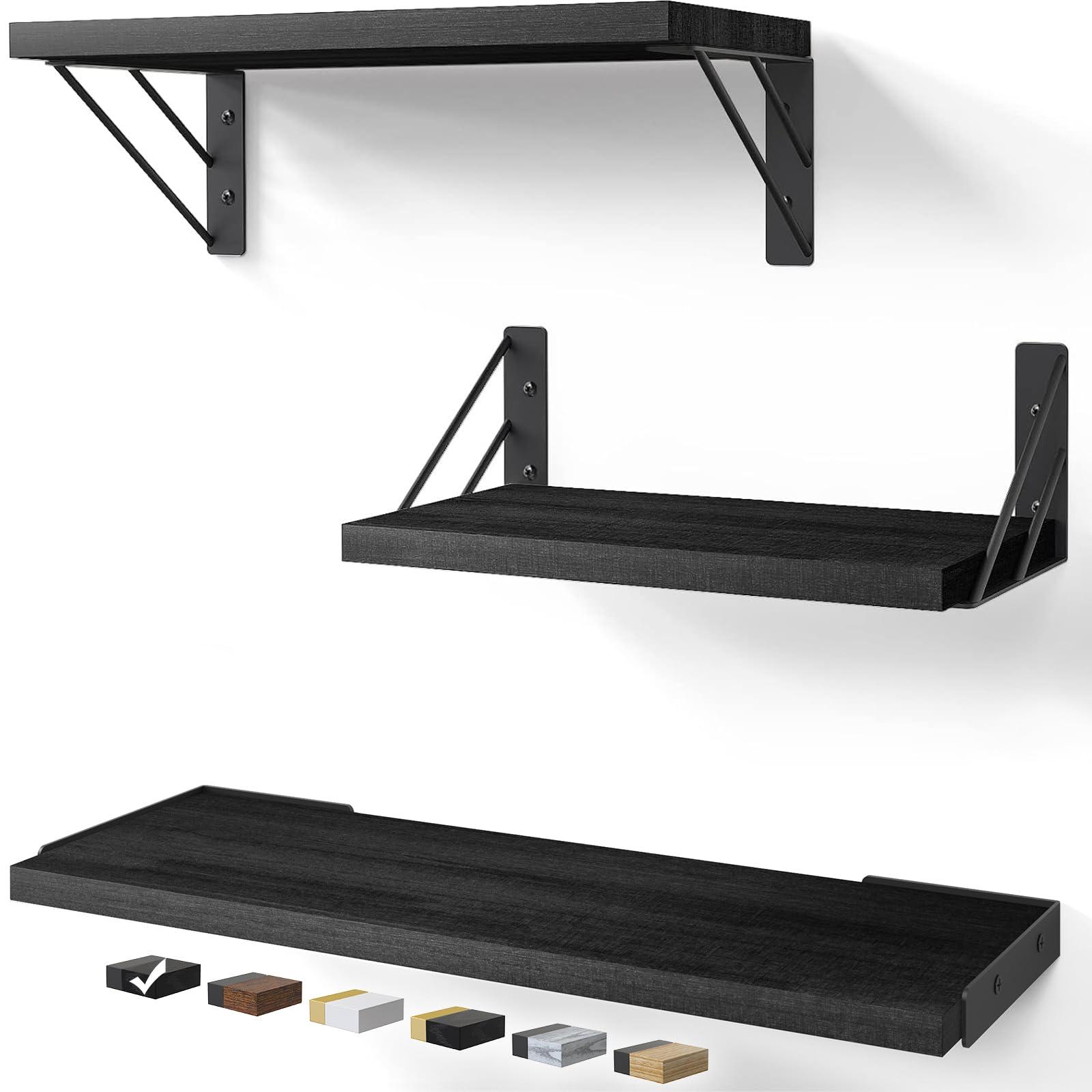 BAYKA Wall Shelves for Bedroom Decor, Floating Wall Shelves for Living Room Kitchen Storage, Wall Mounted Rustic Wood Floating Shelves for Kids Books, Corner Shelves for Bathroom, Office(Set of 3)