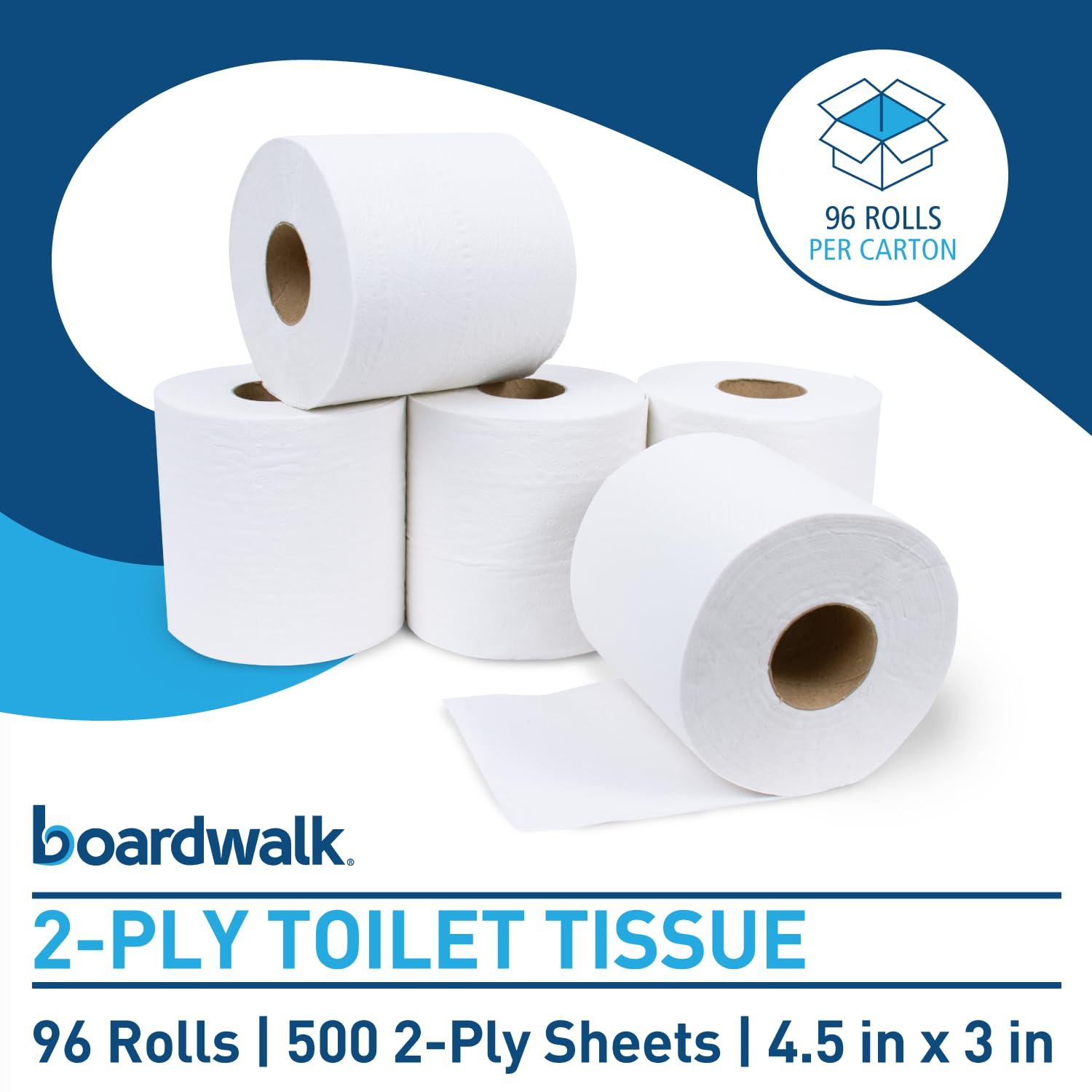 Boardwalk 2-Ply Bulk Toilet Paper Rolls for Professional and Commercial Use | 125 Feet Septic Safe Single Roll Toilet Paper Rolls | 500 White 4.5" x 3" Sheets per Roll | 96 Count per Box - Image 2
