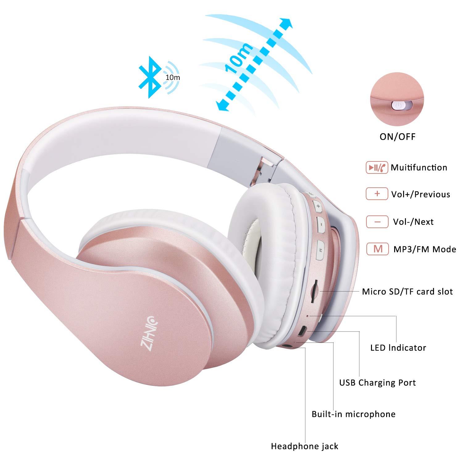 ZIHNIC Bluetooth Headphones Over-Ear, Foldable Wireless and Wired Stereo Headset Micro SD/TF, FM for Cell Phone,PC,Soft Earmuffs &Light Weight for Prolonged Wearing(Rose Gold) - Image 6