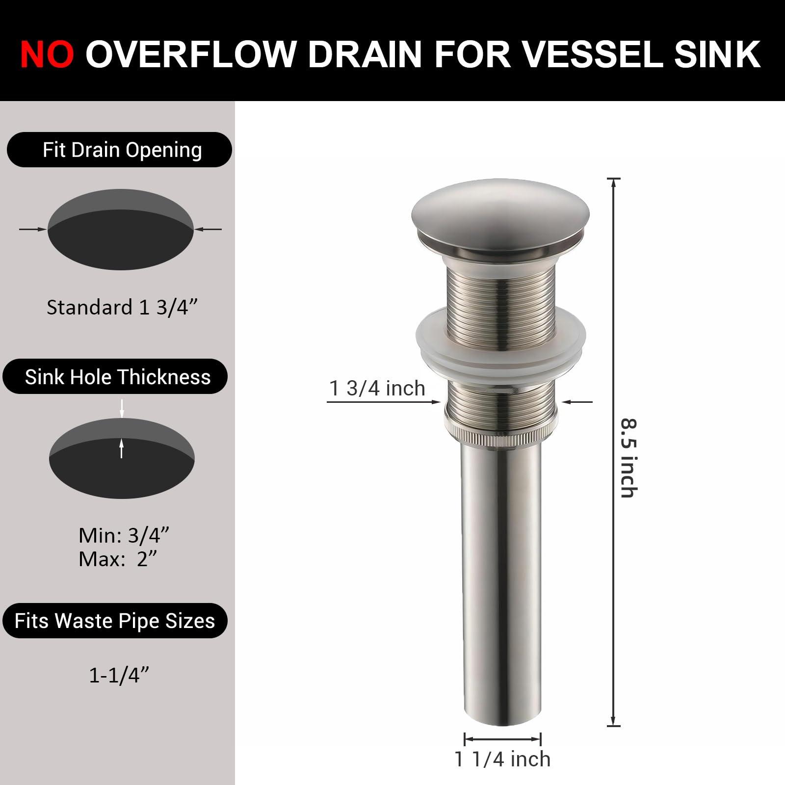 Yodel Faucet Vessel Sink Drain Without Overflow - Bathroom Sink Drain Stopper - Pop Up Drain All Metal - Big Cap Fit for Vessel or Undermount Sink,Brushed Nickel,YDPOP-1 - Image 2