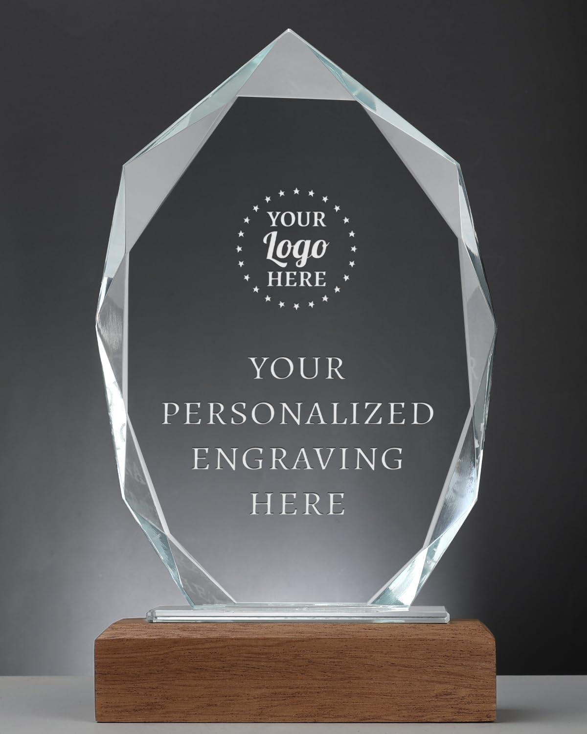 ZALHIN Personalized Crystal Trophy Award with Solid Wood Base - Custom Engraved Plaques for Employee Recognition, Sports Trophies, Thanks Gifts
