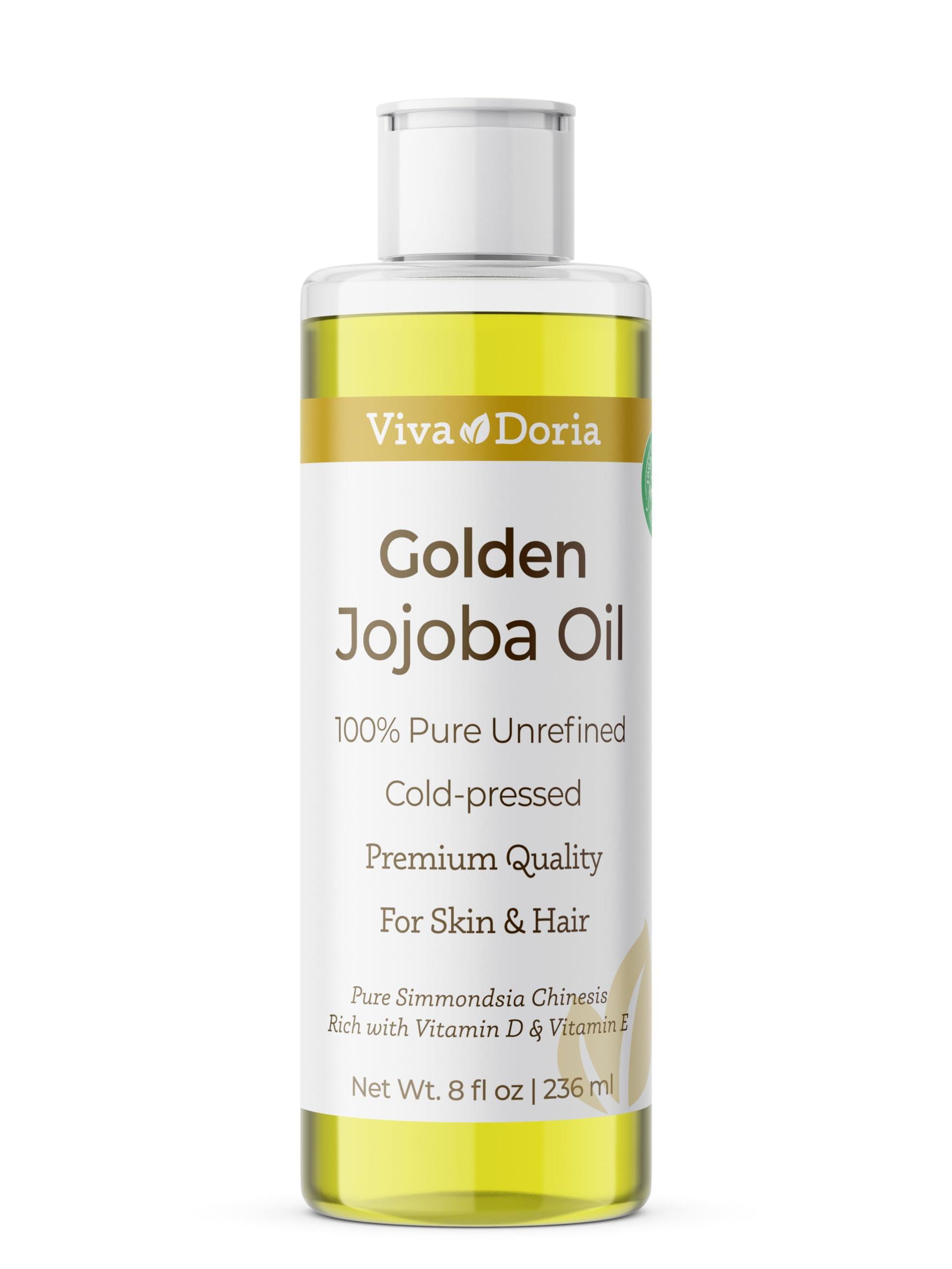 Viva Doria Golden Jojoba Oil - 8 fl oz for Hair, Skin, Nails, and More - 100% Pure Unrefined, Deeply Moisturizing Anti-Aging Oil for Men and Women