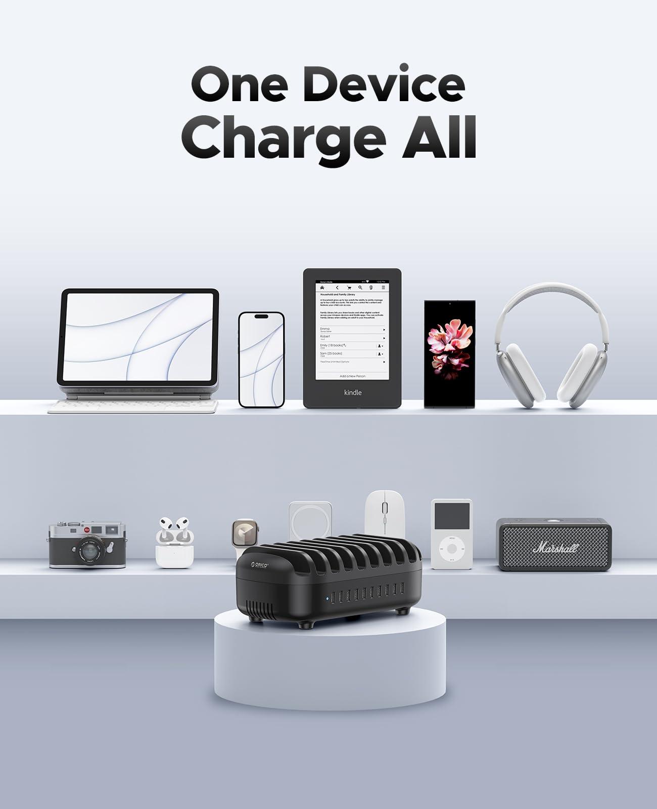 ORICO 120W Charging Station for Multiple Devices, 10-Ports USB Charging Docking Organizer Station, Multi USB Charging Station Compatible with iPad, Tablet, Kindle, Airpods and Cell Phone - Image 4