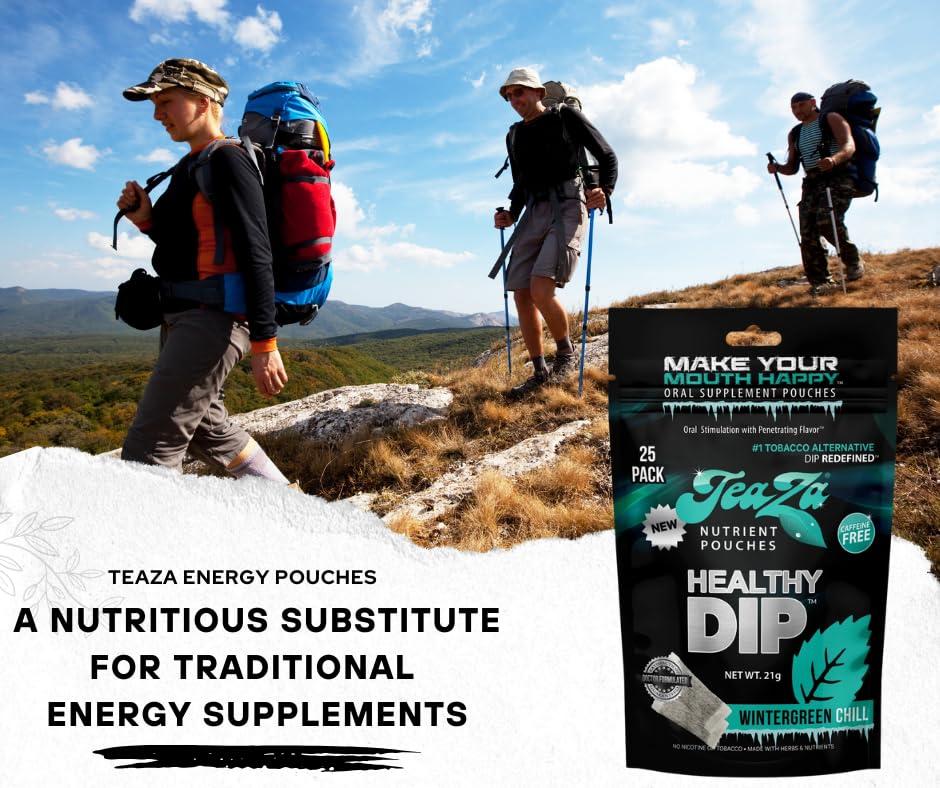 TeaZa Herbal Energy Pouches Tobacco Free Dip Nicotine Free, Smokeless Alternative Snuff Healthy Chewing Dipping Alternative, Wintergreen Chill (1 Pack) No Caffeine Refreshing Cool Flavor - Image 4