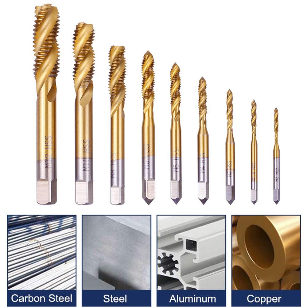 Rocaris 9 Pack of M2 M2.5 M3 M4 M5 M6 M8 M10 M12 Titanium Coated HSS Spiral Flute Metric Taps Set - Image 5
