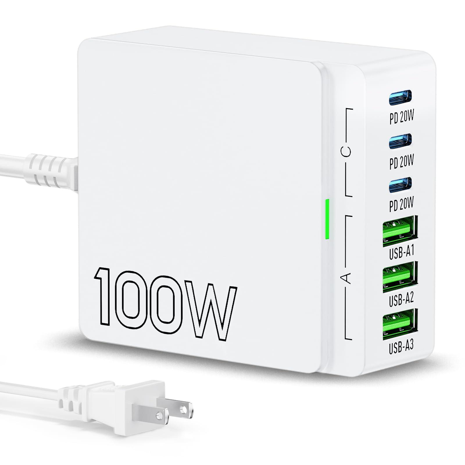 USB C Charger Block Charging Station: 100W 6 Port GaN Fast Charging Brick Hub Cube Box - PD 3.0 Type C & USB A Wall Charger Power Adapter for iPhone 16 Pro Max iPad Samsung Android Pixel