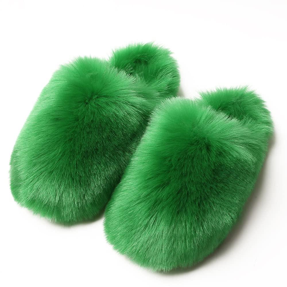 BININBOX Women's Plush Faux Fur Slipper Slide Sandal Soft Furry Fuzzy Fluffy Lovely Indoor Outdoor Slip On Slippers Multicolor Winter House Shoes