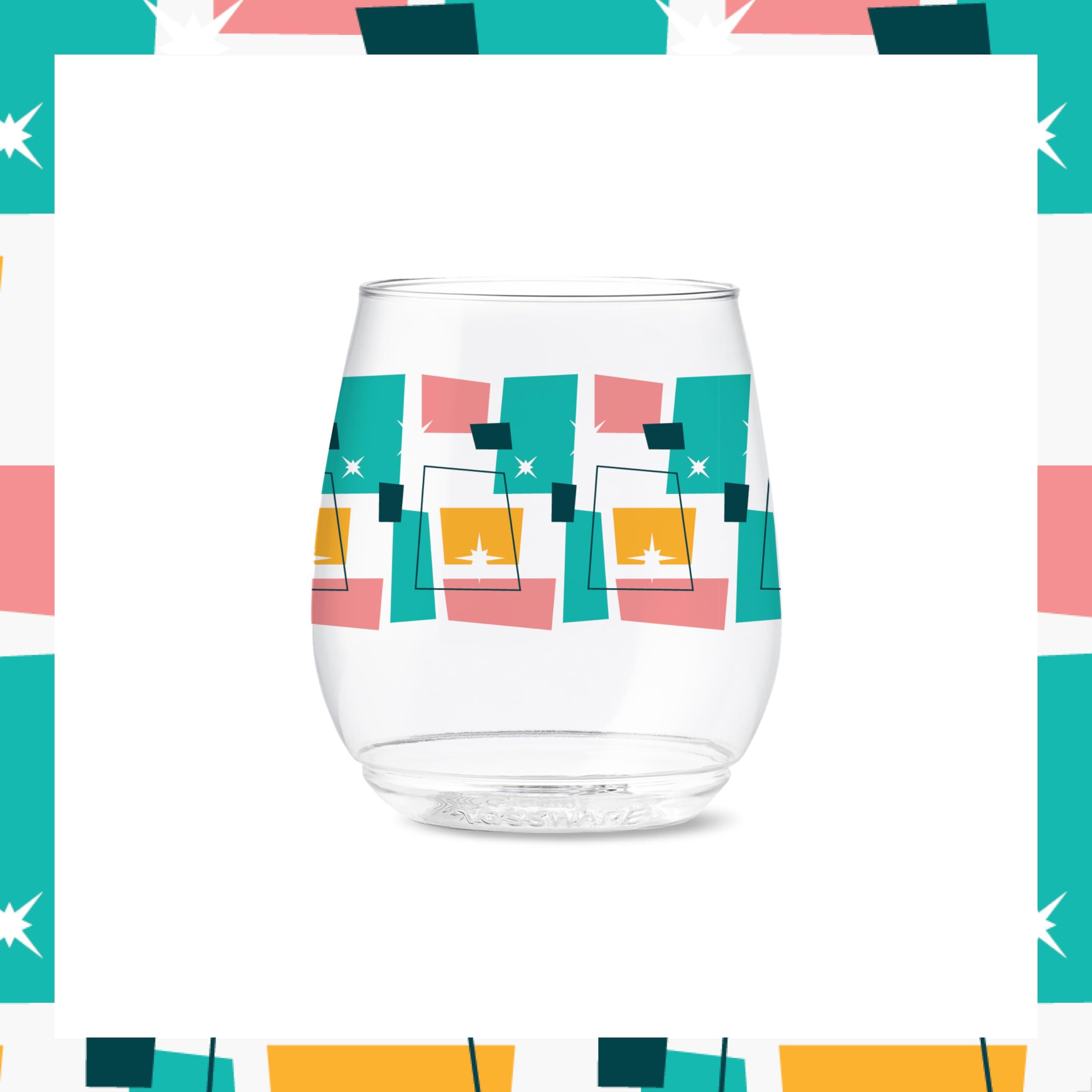 TOSSWARE POP 14oz Vino Mid-Century Retro Series, SET OF 6, Premium Quality, Recyclable, Unbreakable & Crystal Clear Plastic Printed Glasses - Image 2