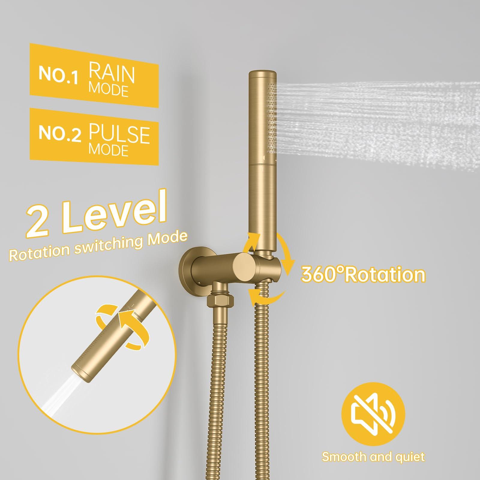 BESy Shower System with 10 Inch Round Rain Shower Head and Handheld Wall Mounted, High Pressure Rainfall Shower Faucet Fixture Combo Set with 2 in 1 Handheld Showerhead for Bathroom, Brushed Gold - Image 6