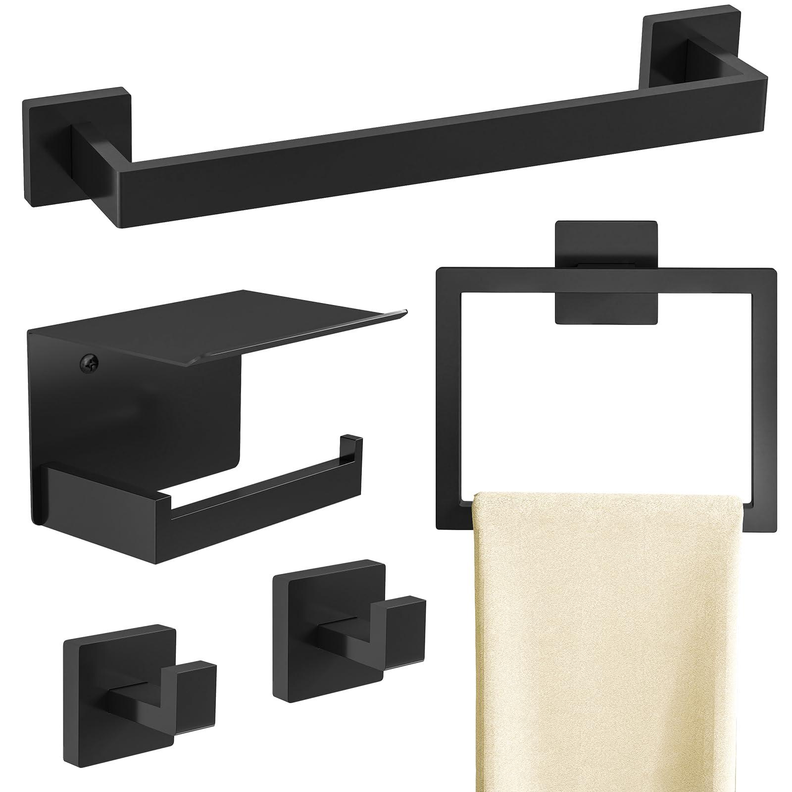 STWWO Matte Black Bathroom Accessories Hardware Set 5-Piece, Stainless Steel Towel Racks for Bathroom, 16 Inch Bath Towel Bar Set Wall Mounted