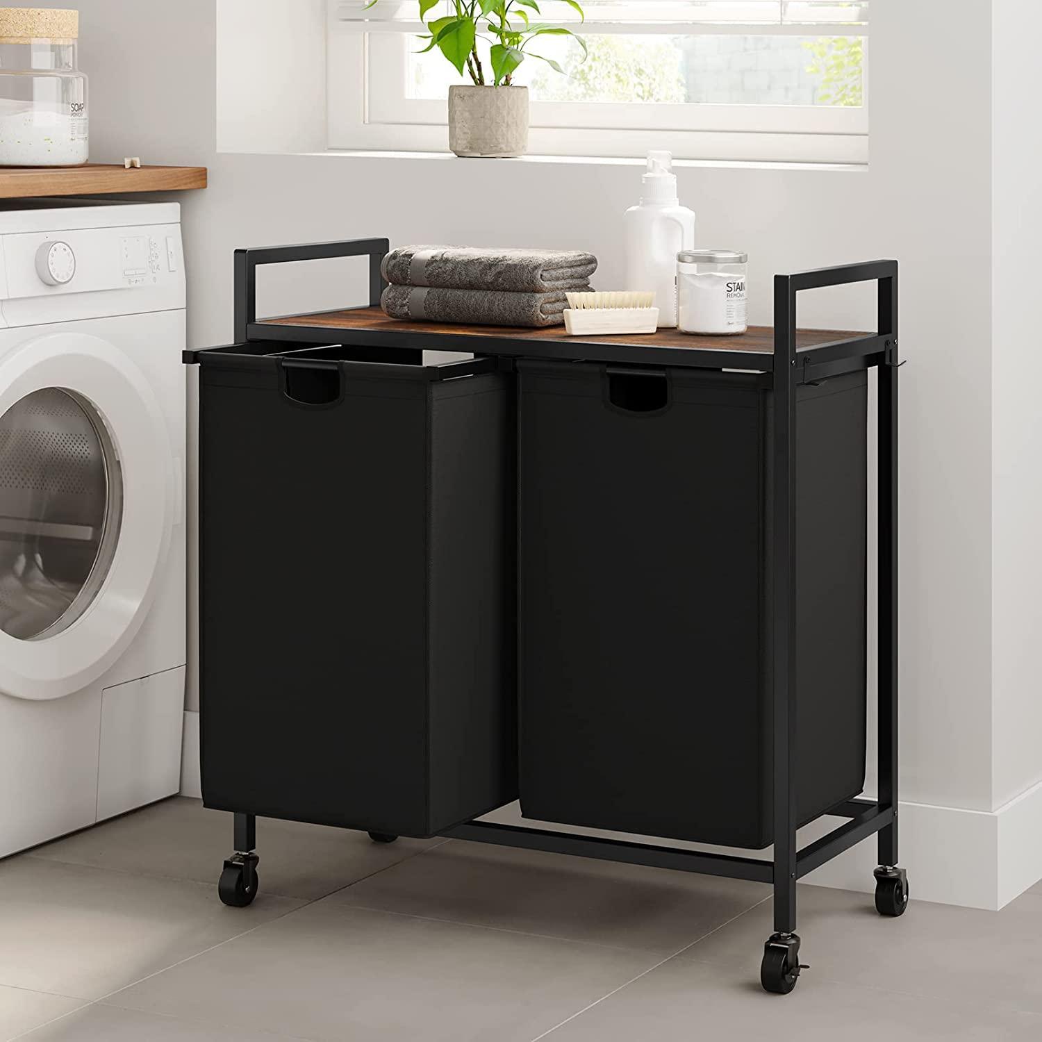 WOWLIVE Double Laundry Hamper with Lid,Rolling Laundry Basket Organizer with Wheels, Iron-Made Laundry Sorter with Top Shelf and 2 Removable Bags,Large Clothes Storage for Room,Black 1 - Image 4
