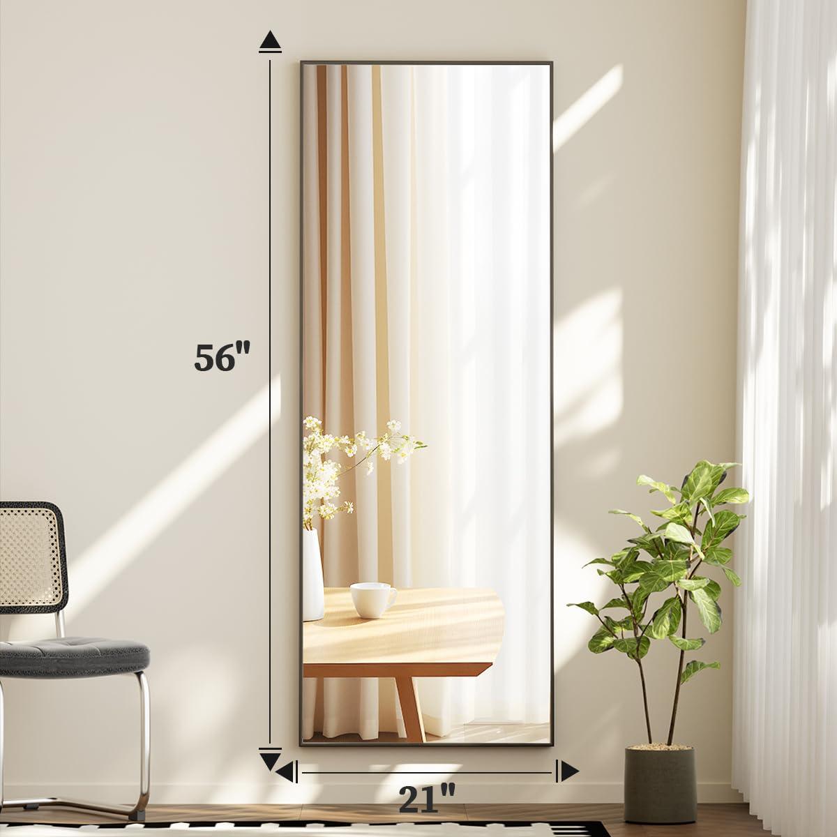 BEAUTYPEAK Full Length Mirror with Stand, 56"x21" Floor Mirror with Aluminum Alloy Thin Frame, ShatterVue Tempered Full Body Mirrors, Free Standing or Wall-Mounted Mirrors for Living Room, Black - Image 2